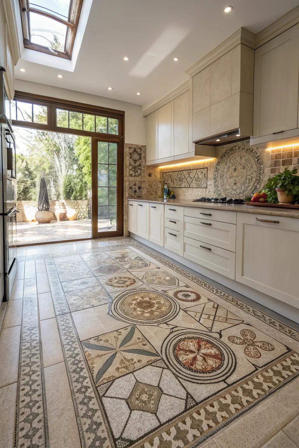 A kitchen showcasing the dynamic effect of various tile sizes.