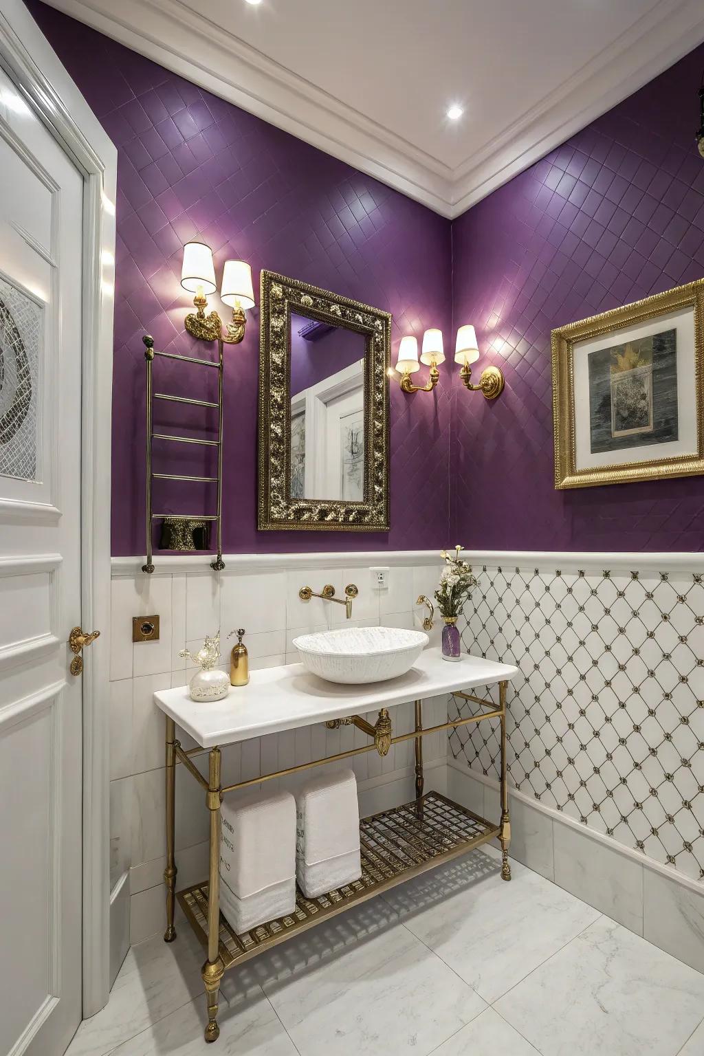 A royal purple and white two-tone wall look that adds a hint of luxury.