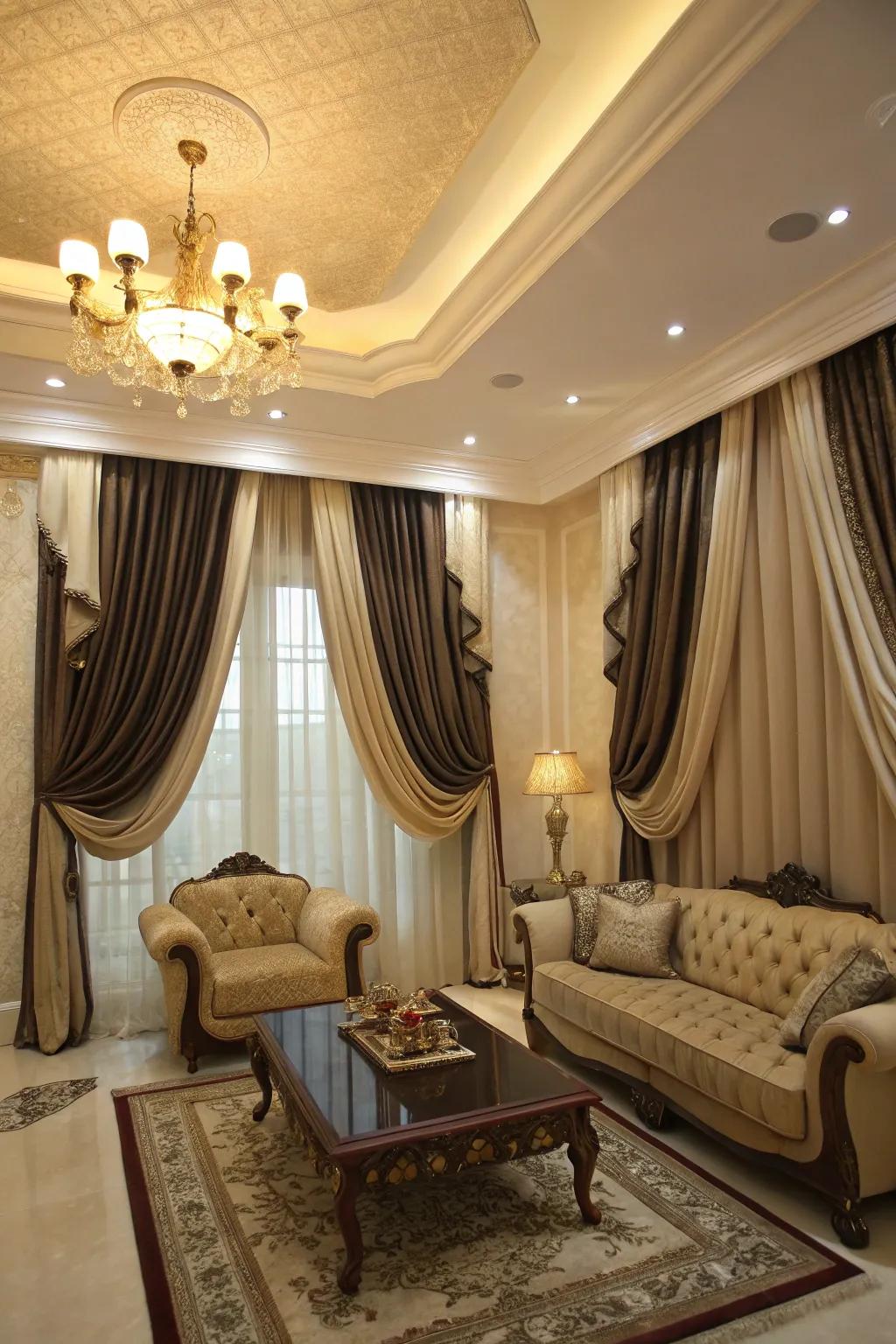 Elegant draping of duo-tone drapes adding sophistication to a lounge.