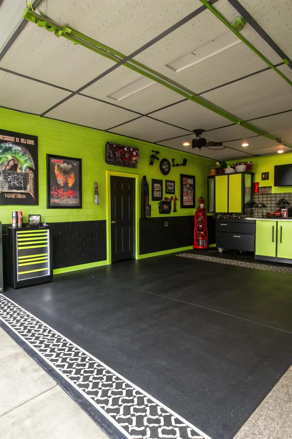 Chartreuse and coal create an energetic and bold garage space.