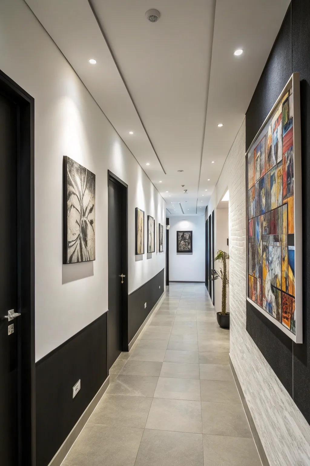 Chic monochrome walls displaying striking modern art.