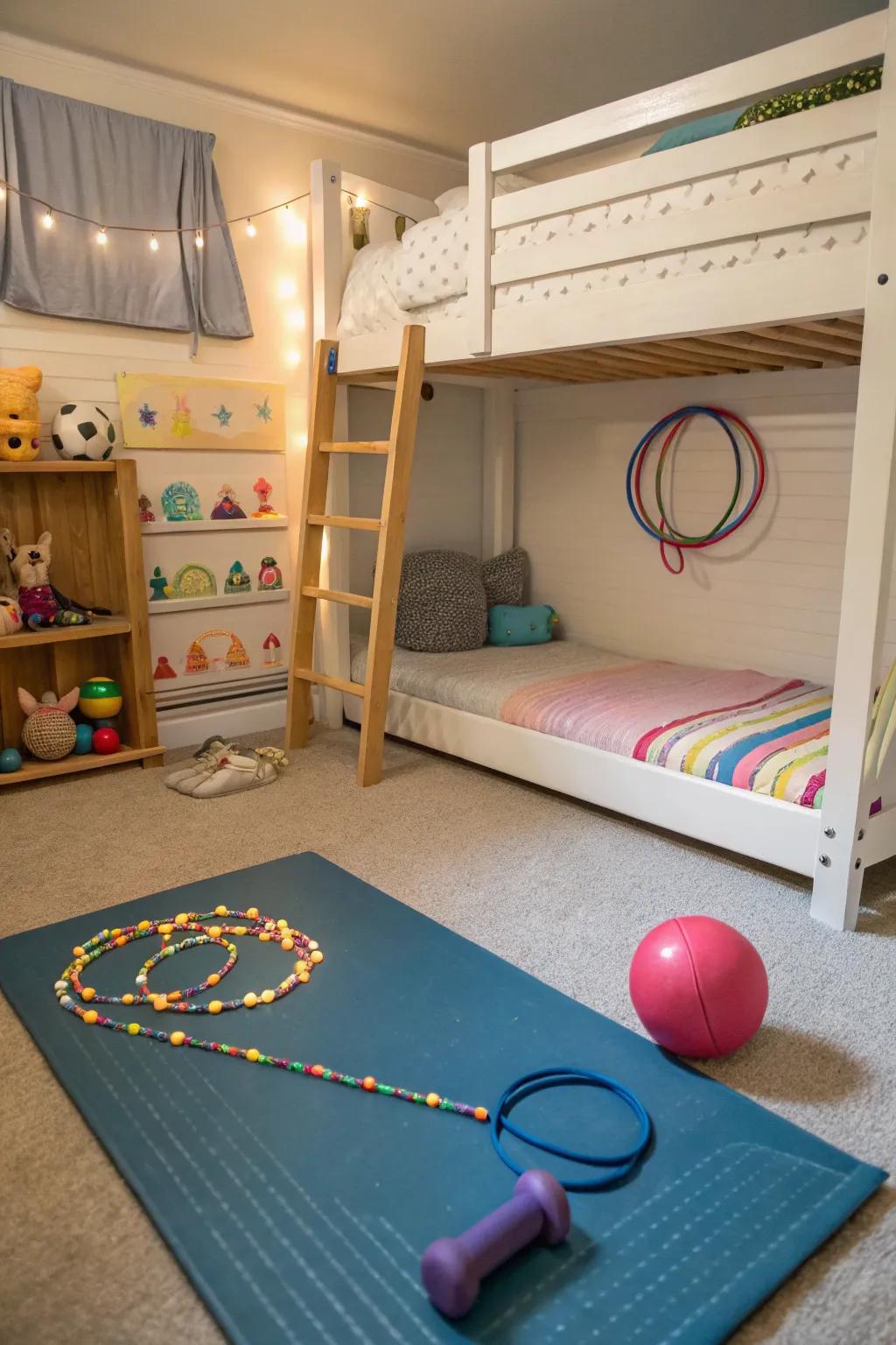 A mini gym for kids under the bunk bed.