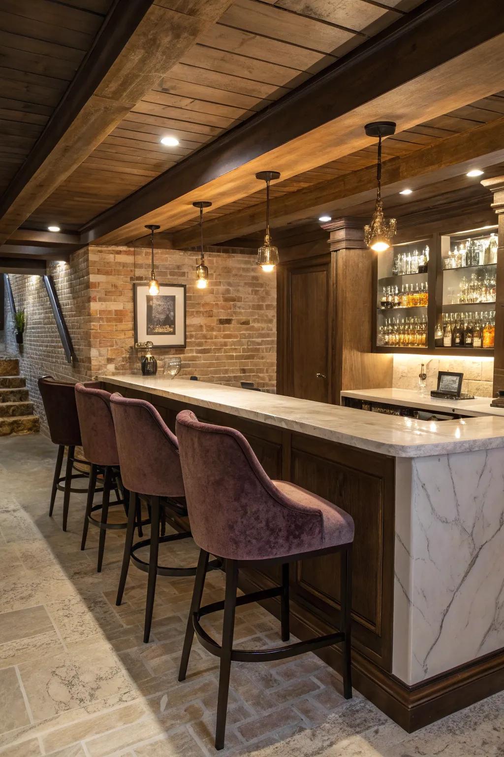 Luxurious touches elevate the design of a basement bar.