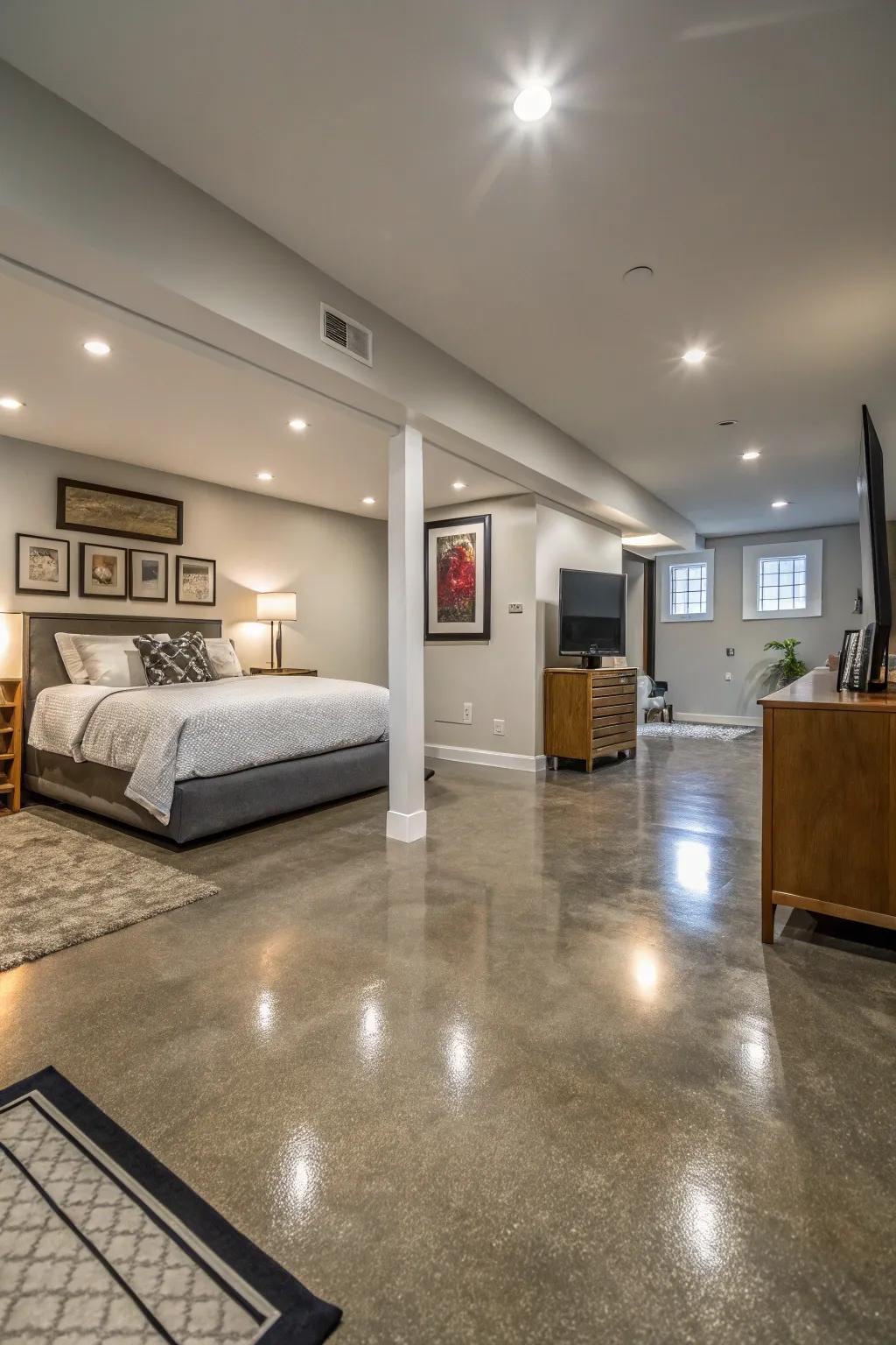 Painted floors can add a unique, modern touch to your basement bedroom.