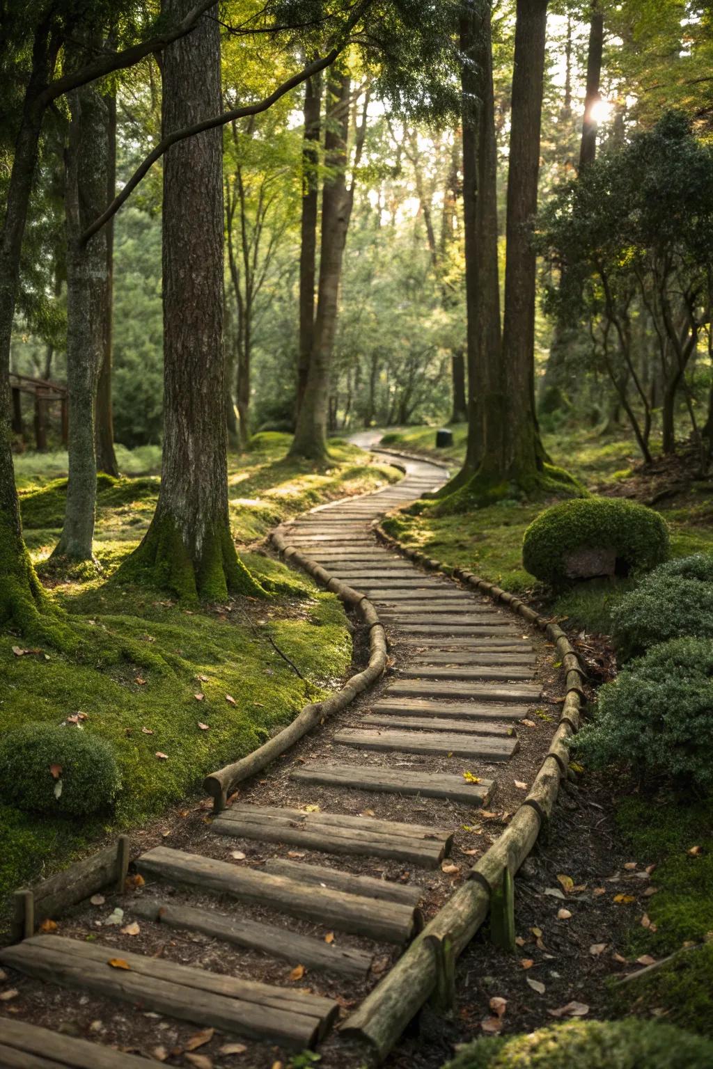 Woodland paths blend perfectly into their environment, offering a rustic charm.
