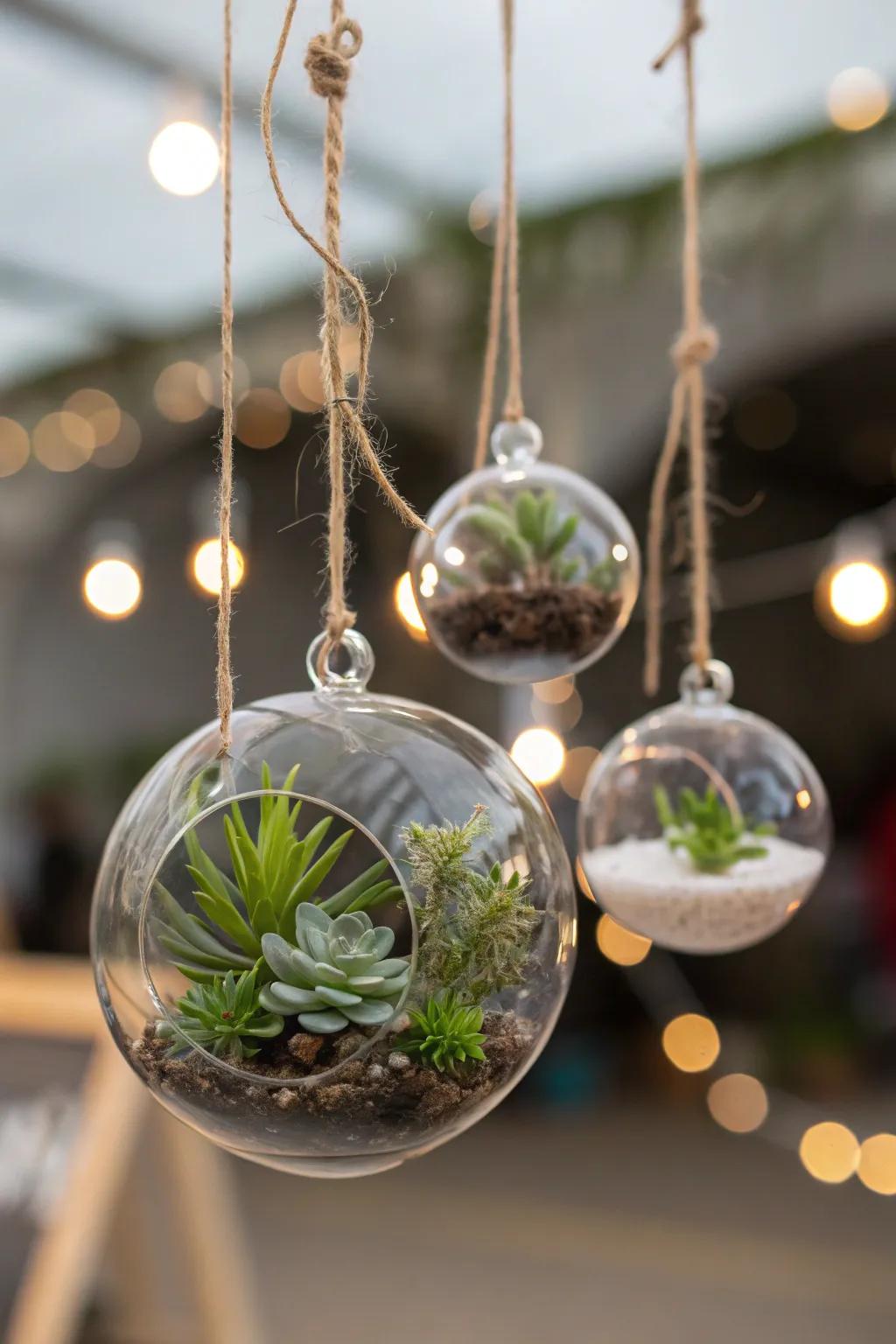 Modern glass orbs exhibit suspended succulent gardens.