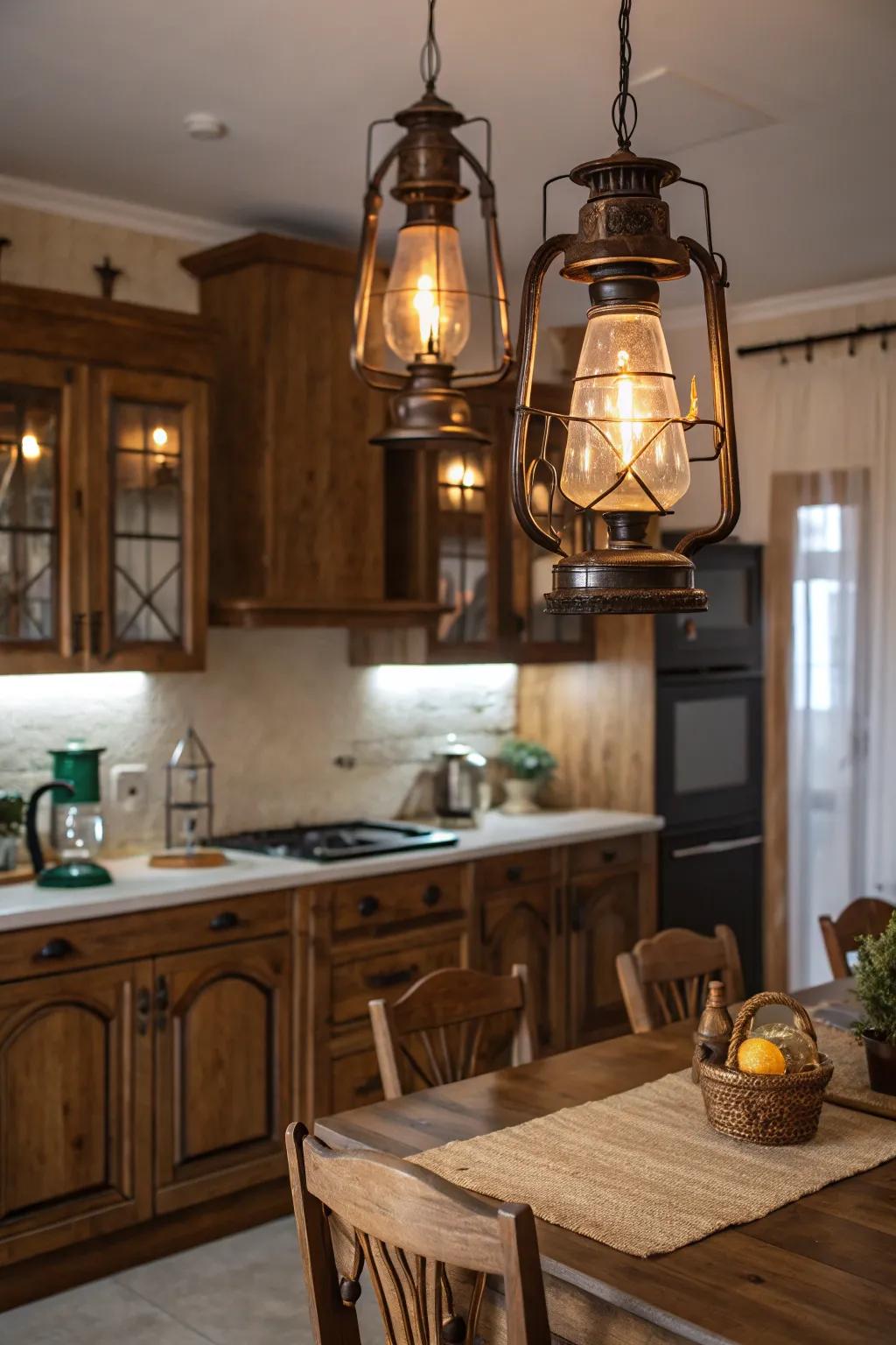 Vintage lanterns bring a warm and rustic charm to the kitchen.