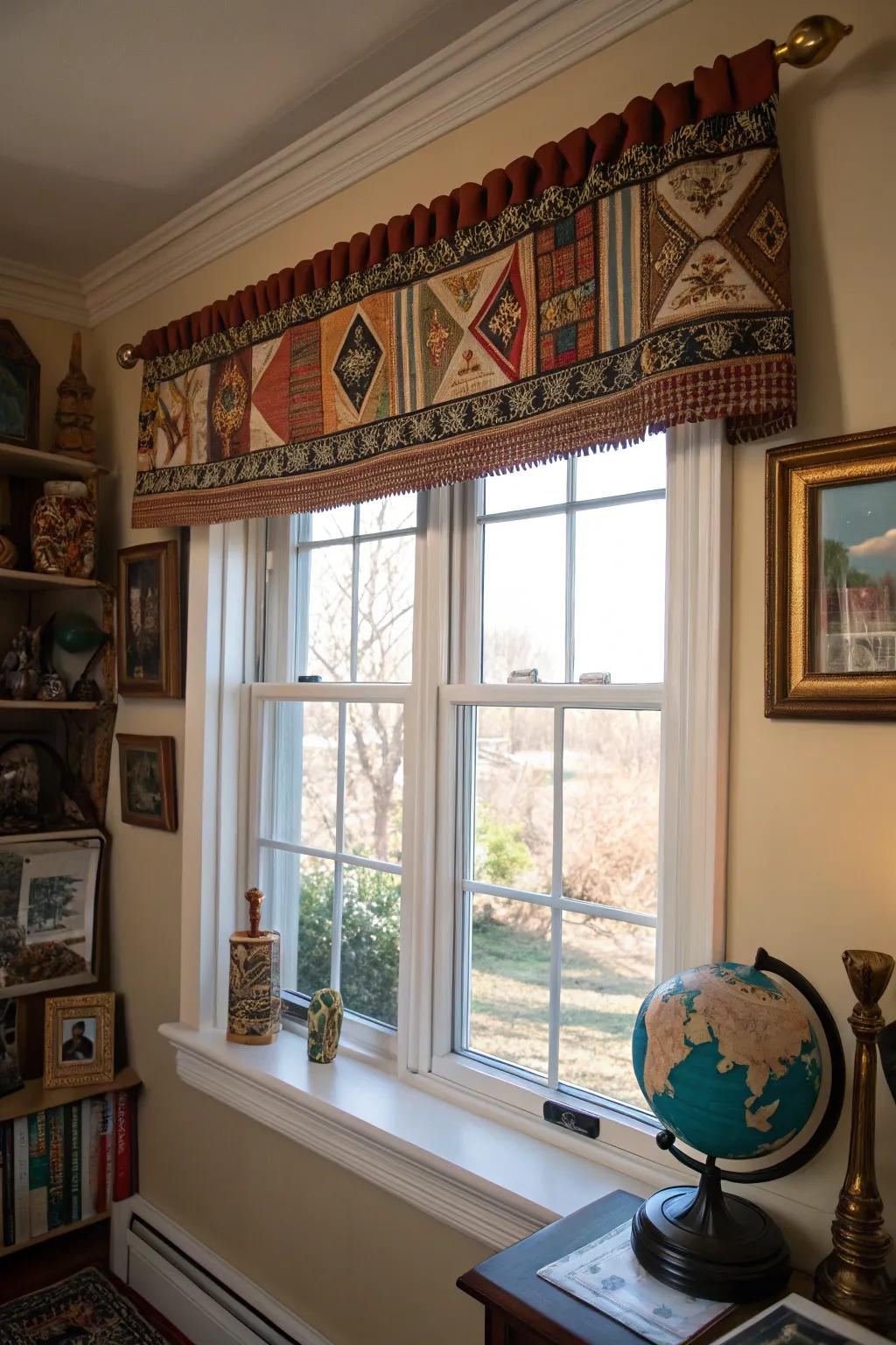 A window using a culturally inspired valance in a globally themed room.