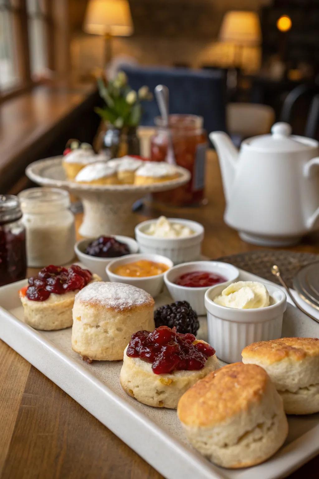 A delightful scone station featuring an array of toppings for customization.