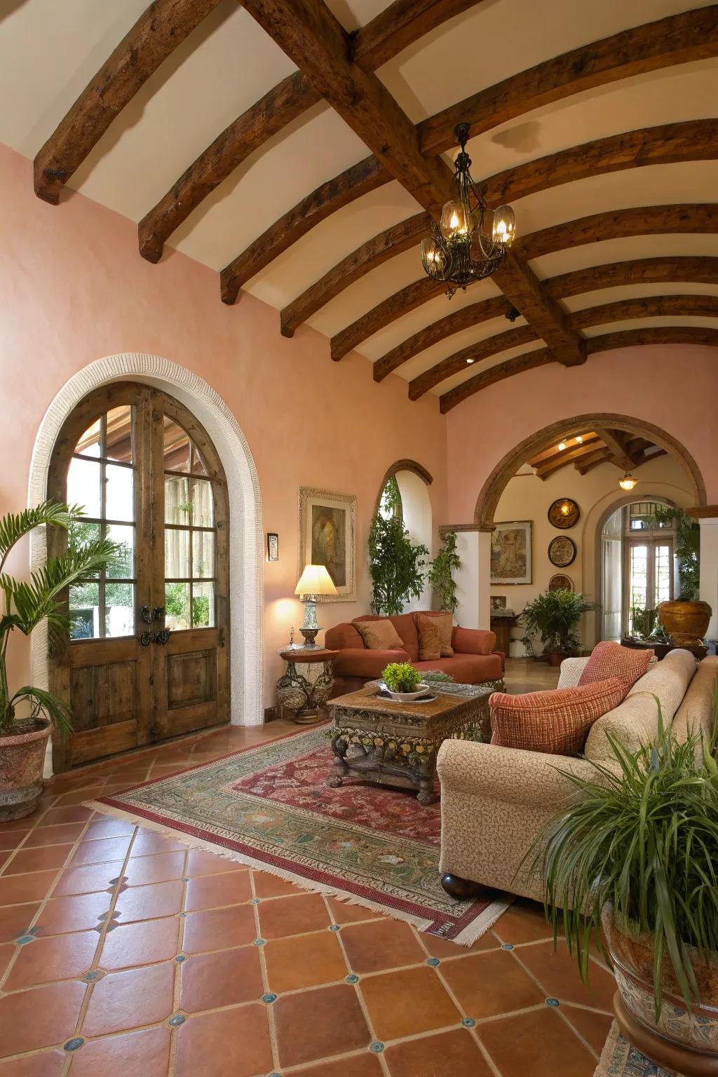 Mediterranean influence with rounded beams on a vaulted ceiling.
