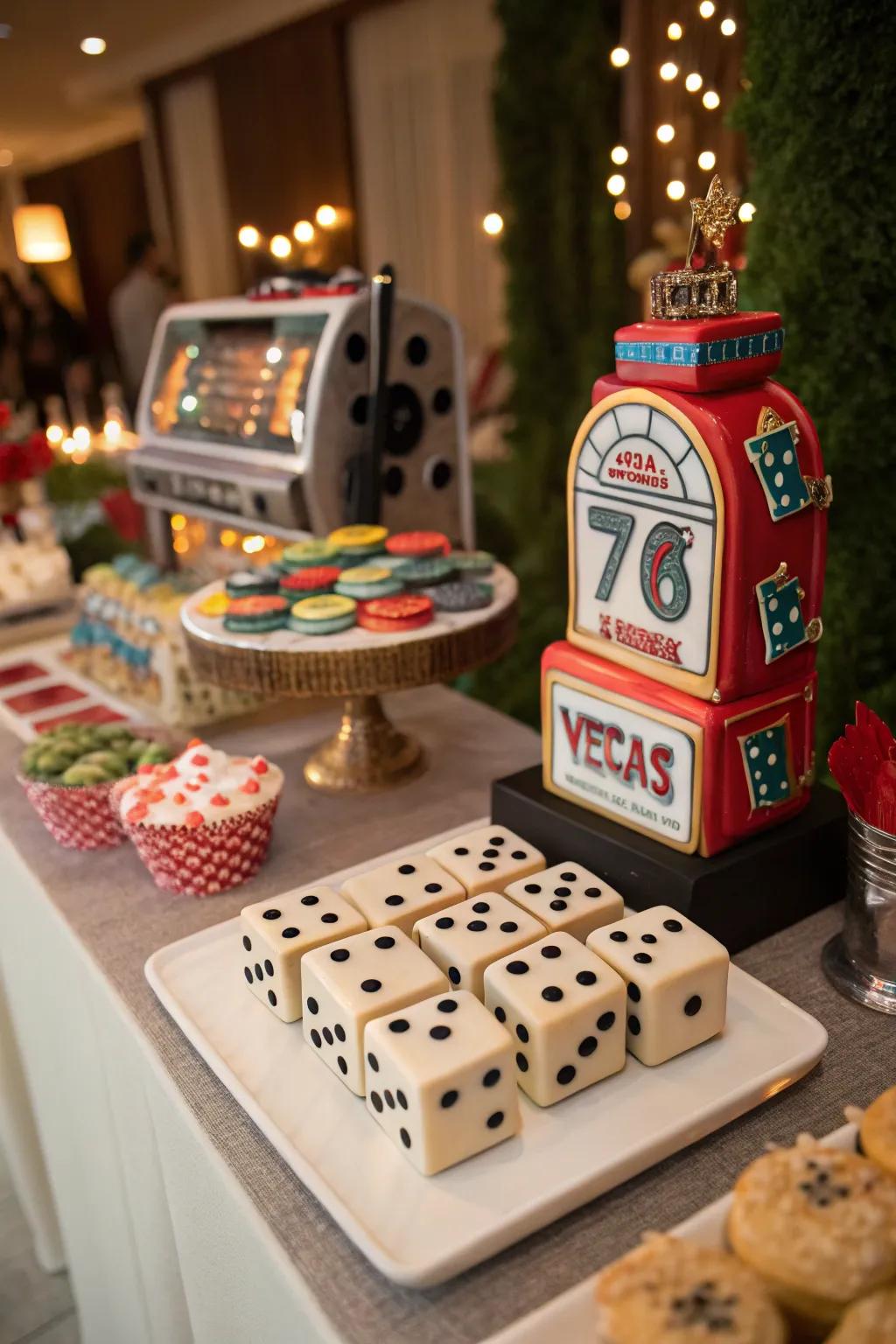 A themed dessert table enhances your Vegas party with sweetness.