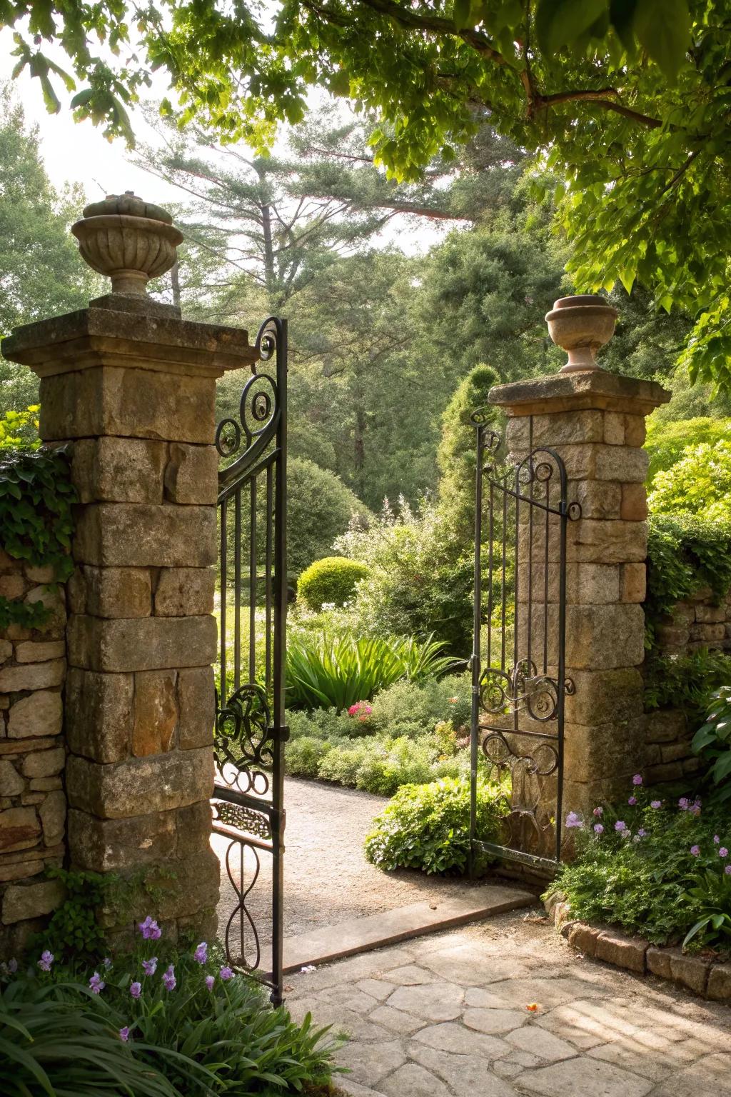Stone pillars adding grandeur to the garden entryway.