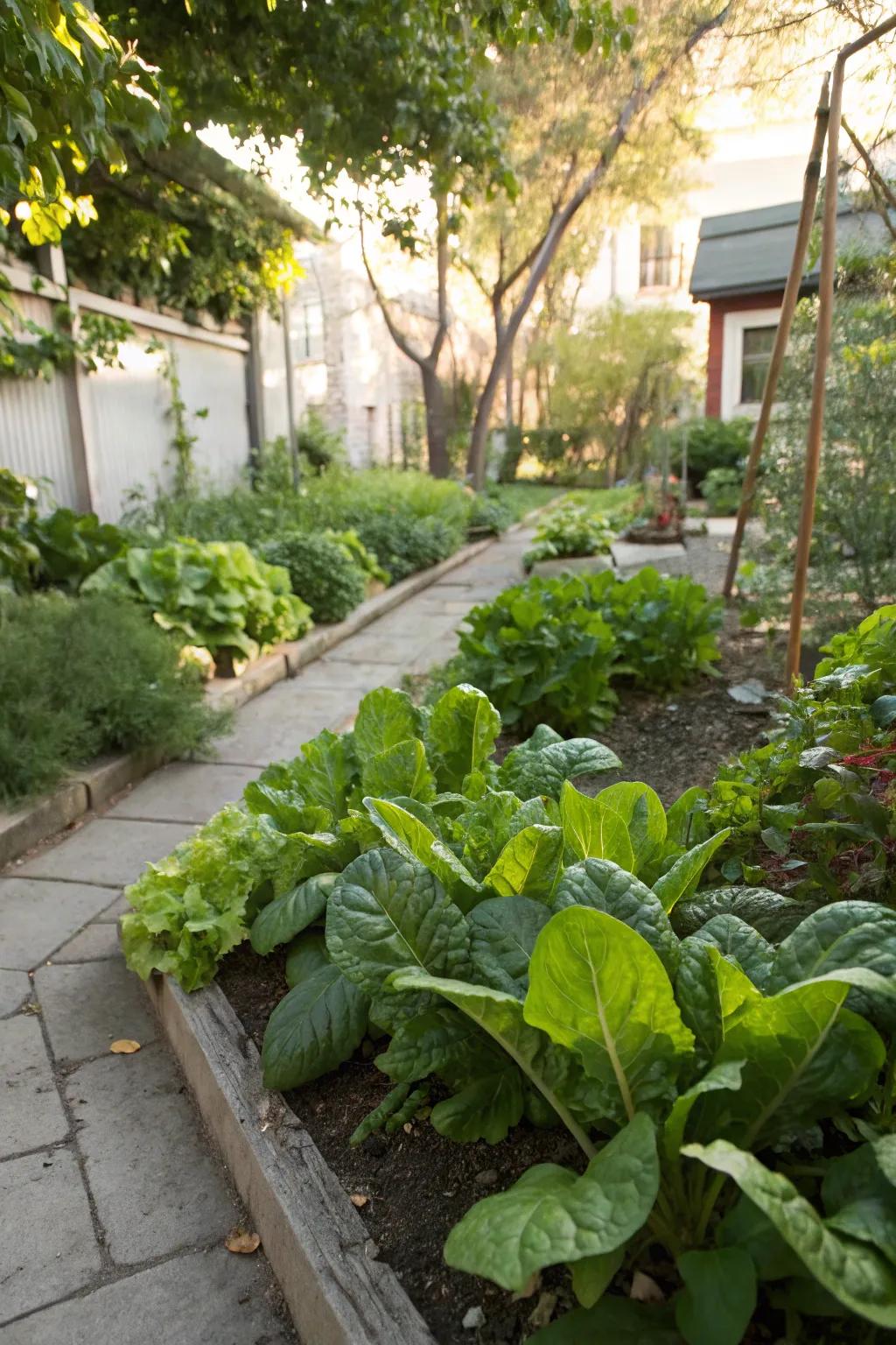 Leafy greens thriving in a shaded garden corner.