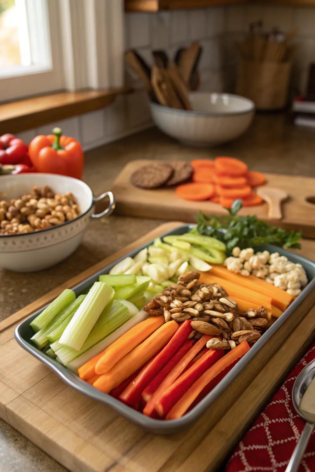 Vegetable platter sprinkled with tasty nuts.