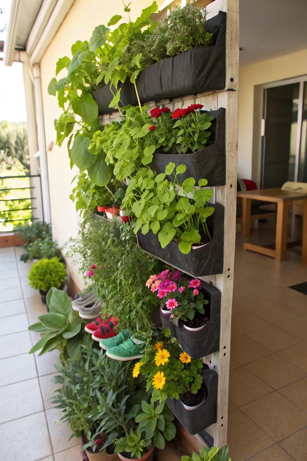 A repurposed upright garden utilizing upcycled household items.