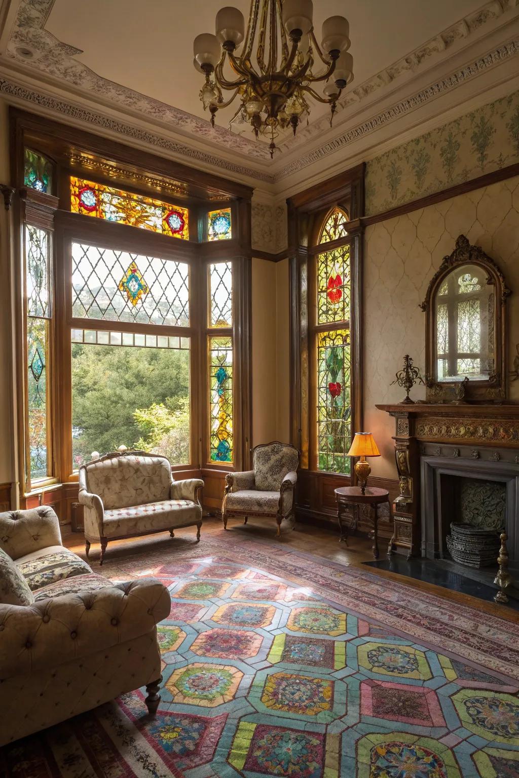 Stained glass panes cast beautiful motifs, heightening the space's beauty.