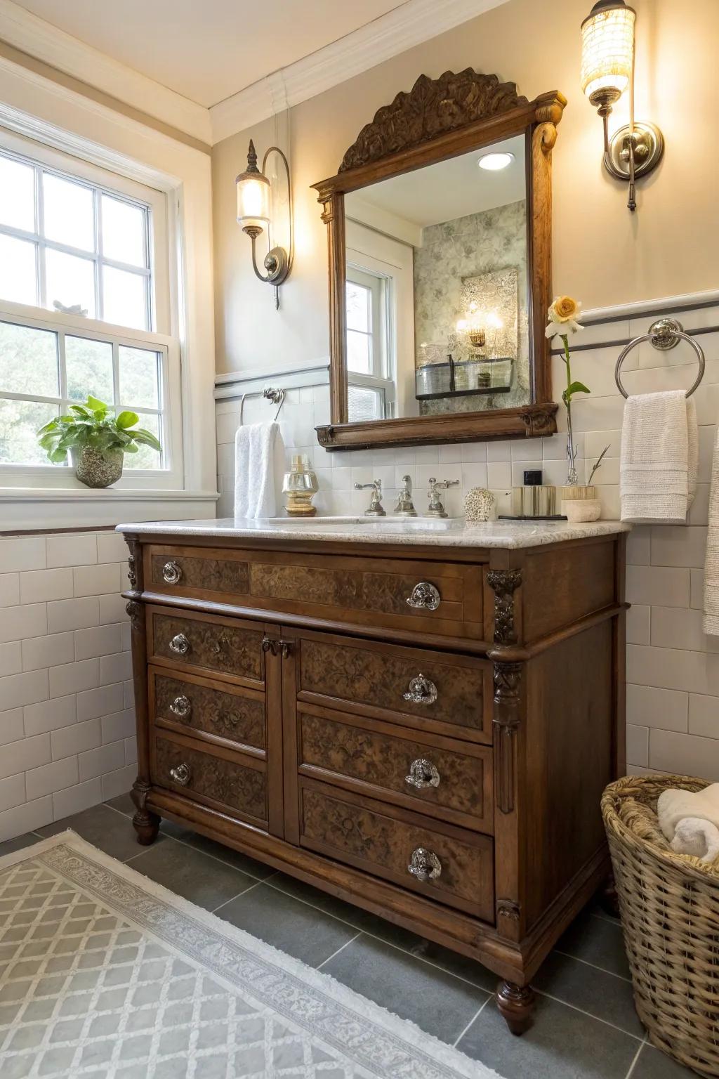 Reused antiques contribute unique retro uniqueness to bathrooms.