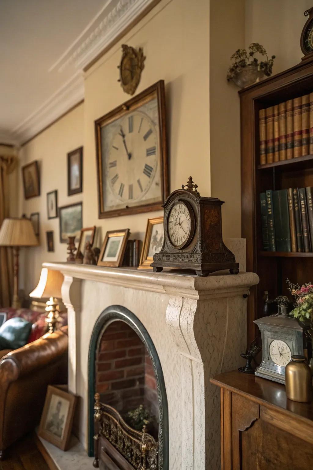An antique mantel timepiece imparts timeless charm to the parlor.