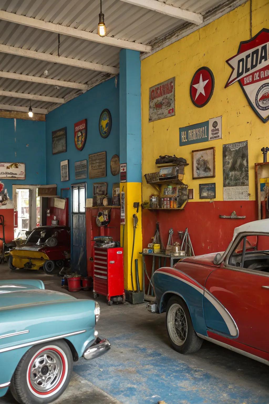 An eclectic pigment palette appends vibrancy to a vintage garage.