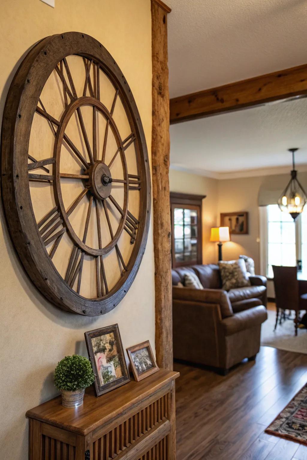 A wagon wheel transformed into a vintage clock, serving as a stunning wall feature.