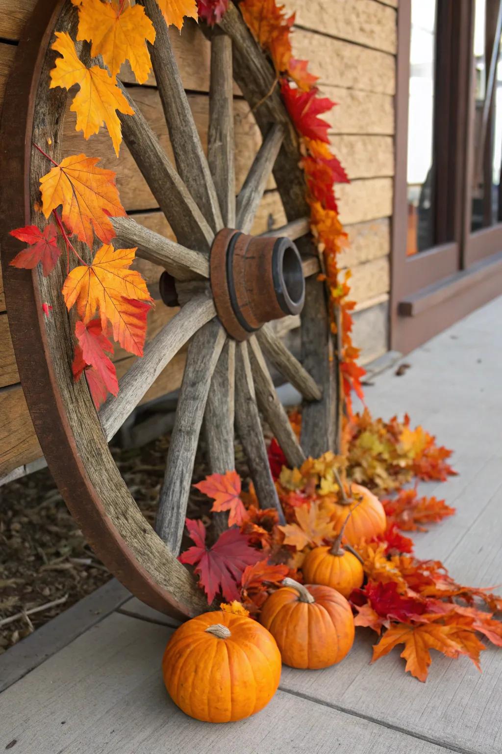 A cartwheel is transformed by holiday accents into festive fall décor.
