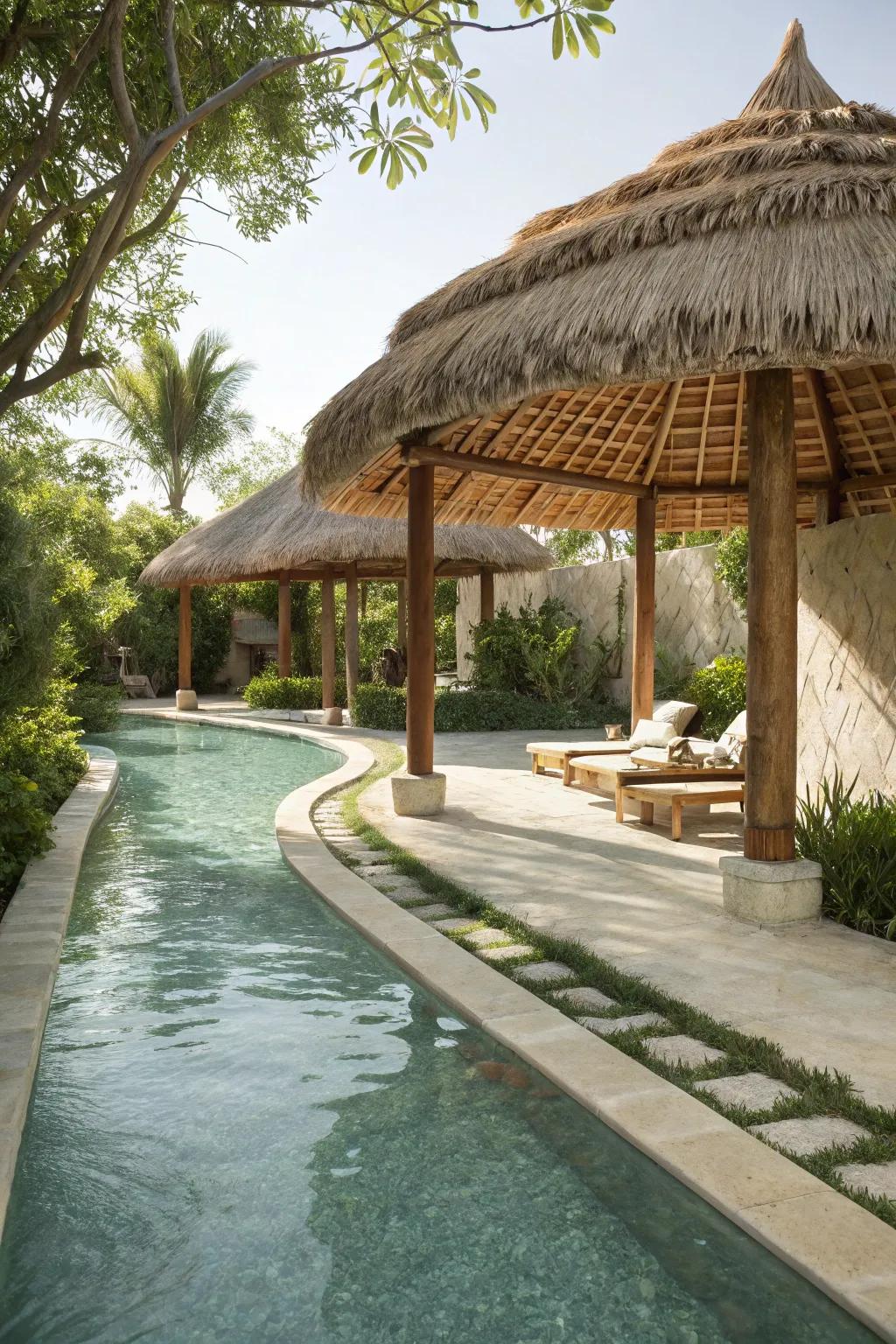 Thatched shade structures offer both style and comfort, perfect for relaxing by the pool.