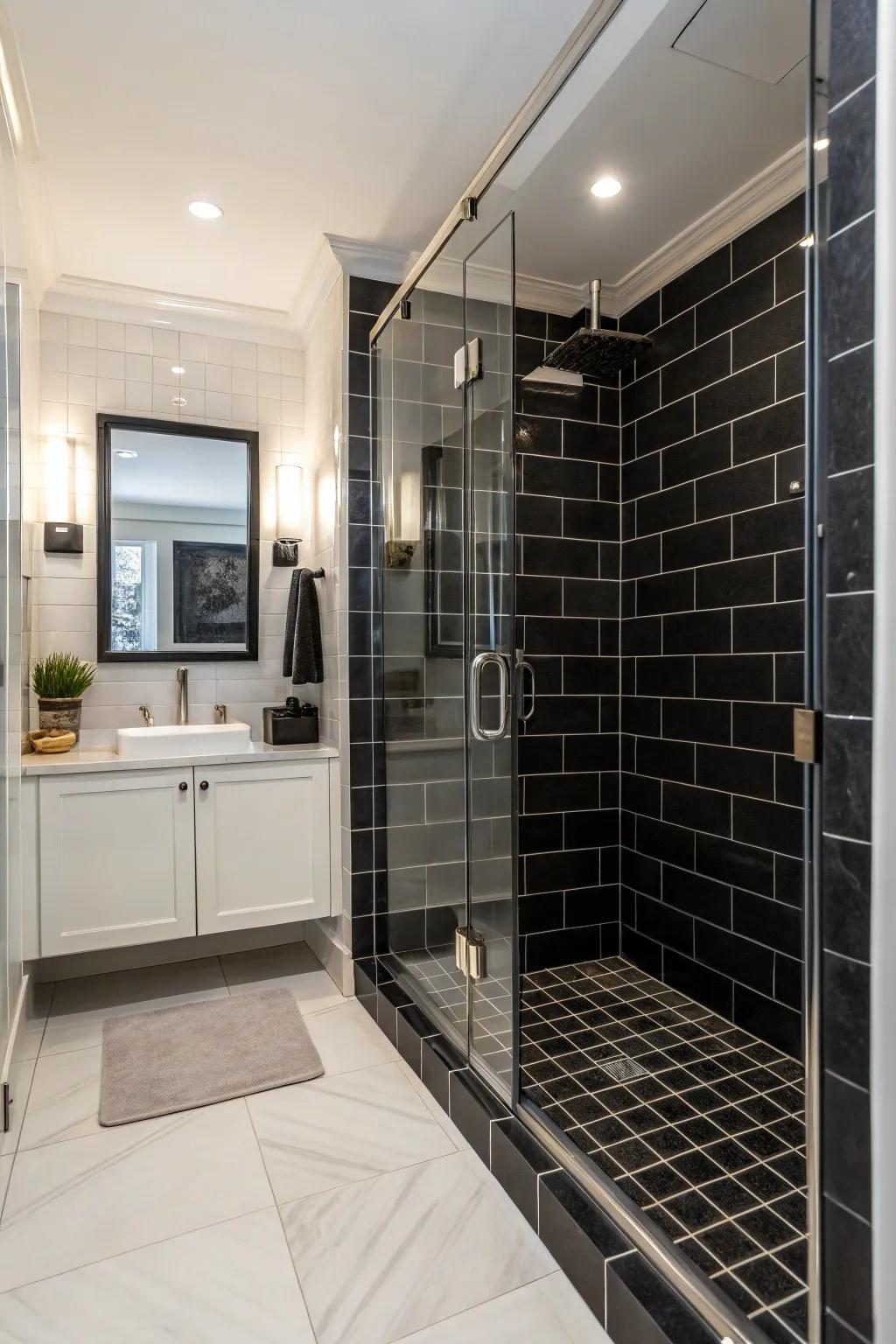 Black tiles introduce drama and sophistication to your shower.