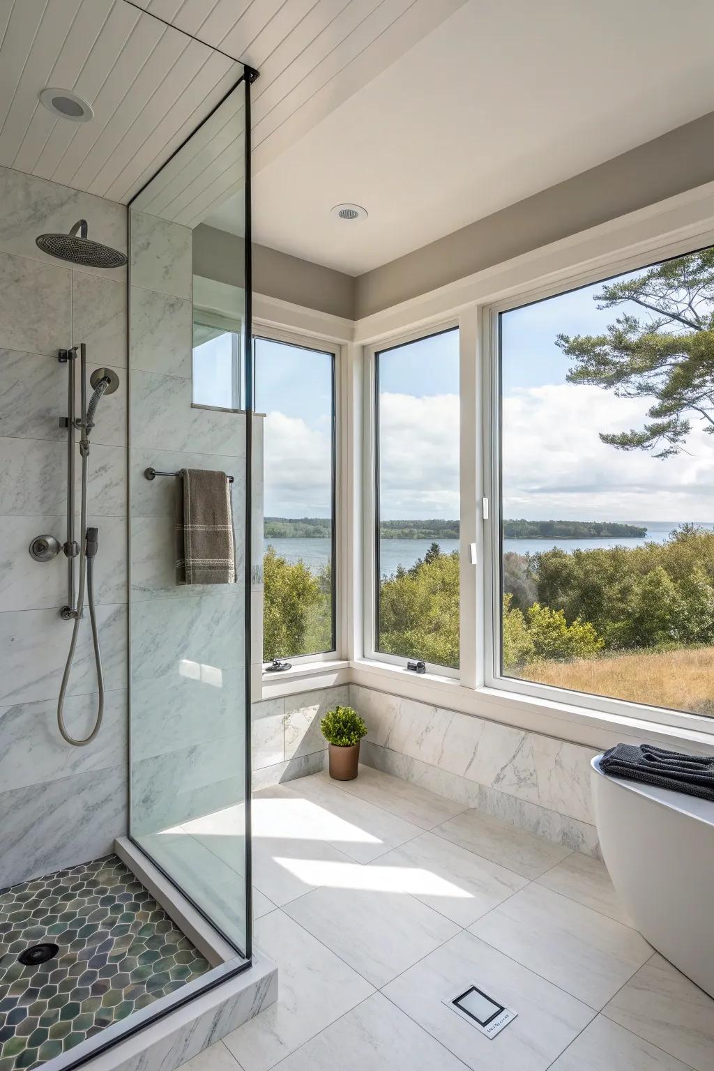 A corner window in a walk-in shower, offering expansive views and light from two sides.