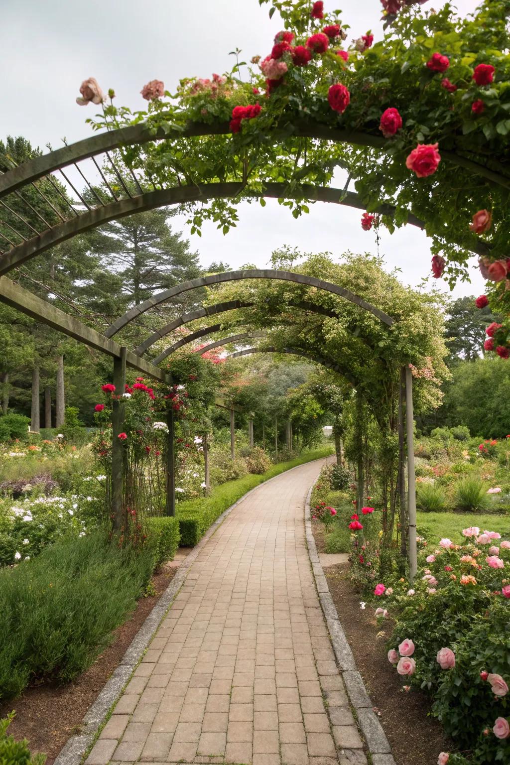 Arched pergolas lend structure and romance to walkways.