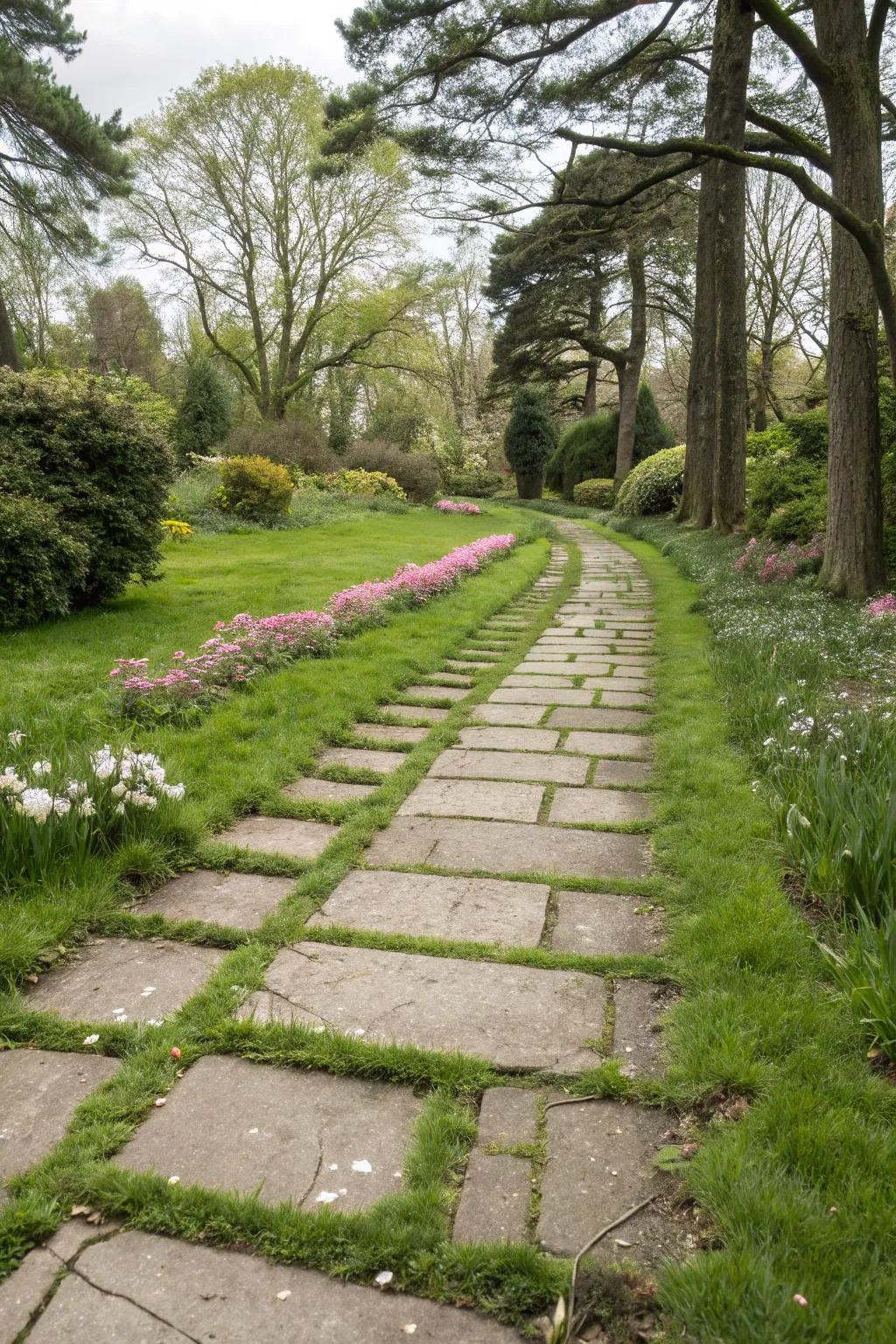 Grass pavers add a green touch, blending walkway with lawn.