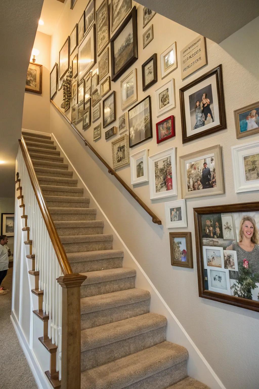 A photo mix can turn your staircase wall into a storybook of memories.