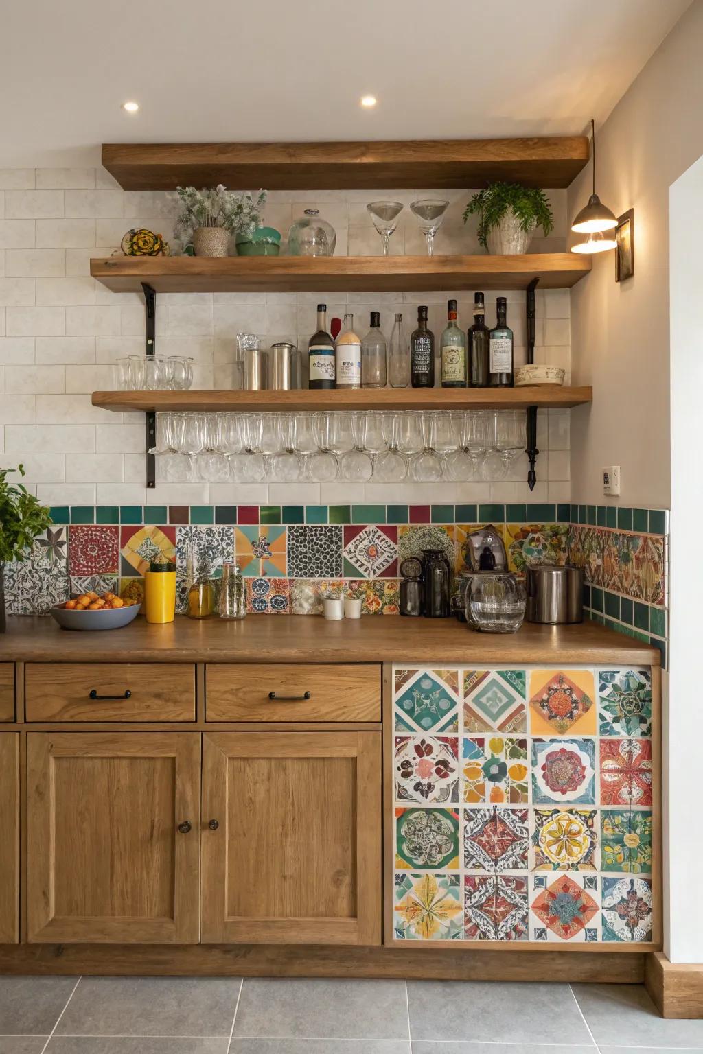 Colorful tiles help make your wall bar a lively and appealing point of interest.