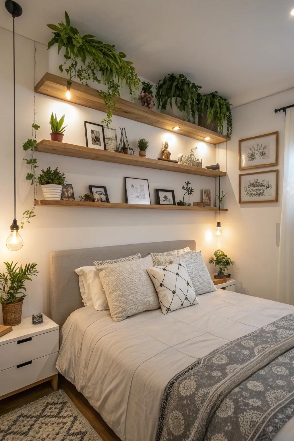 Floating ledges facilitate creative decor displays.