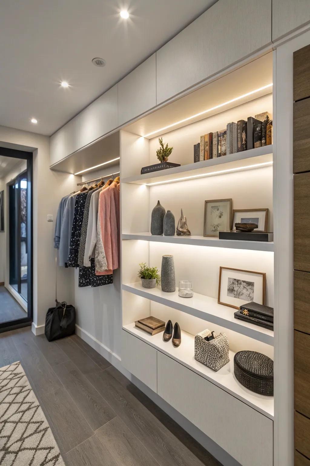 Floating shelves give a wall closet a modern twist.