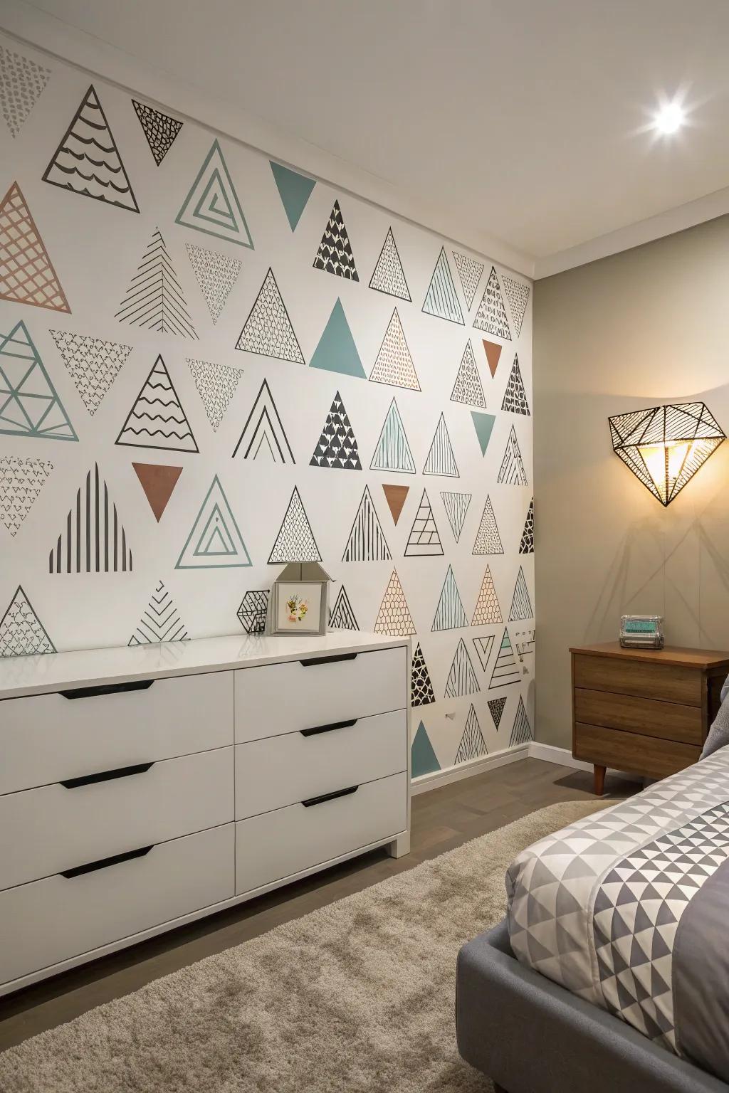 Shape decals add a modern and structured look to the bedroom.
