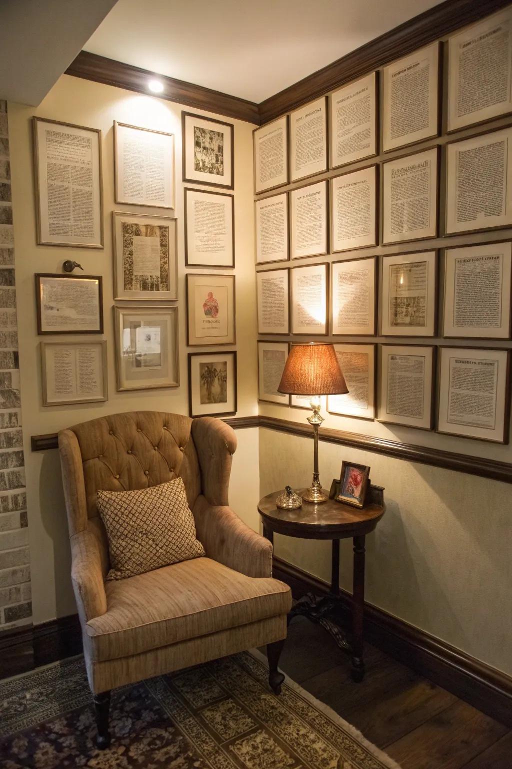 Bordered book pages introduce literary charm to your decor.