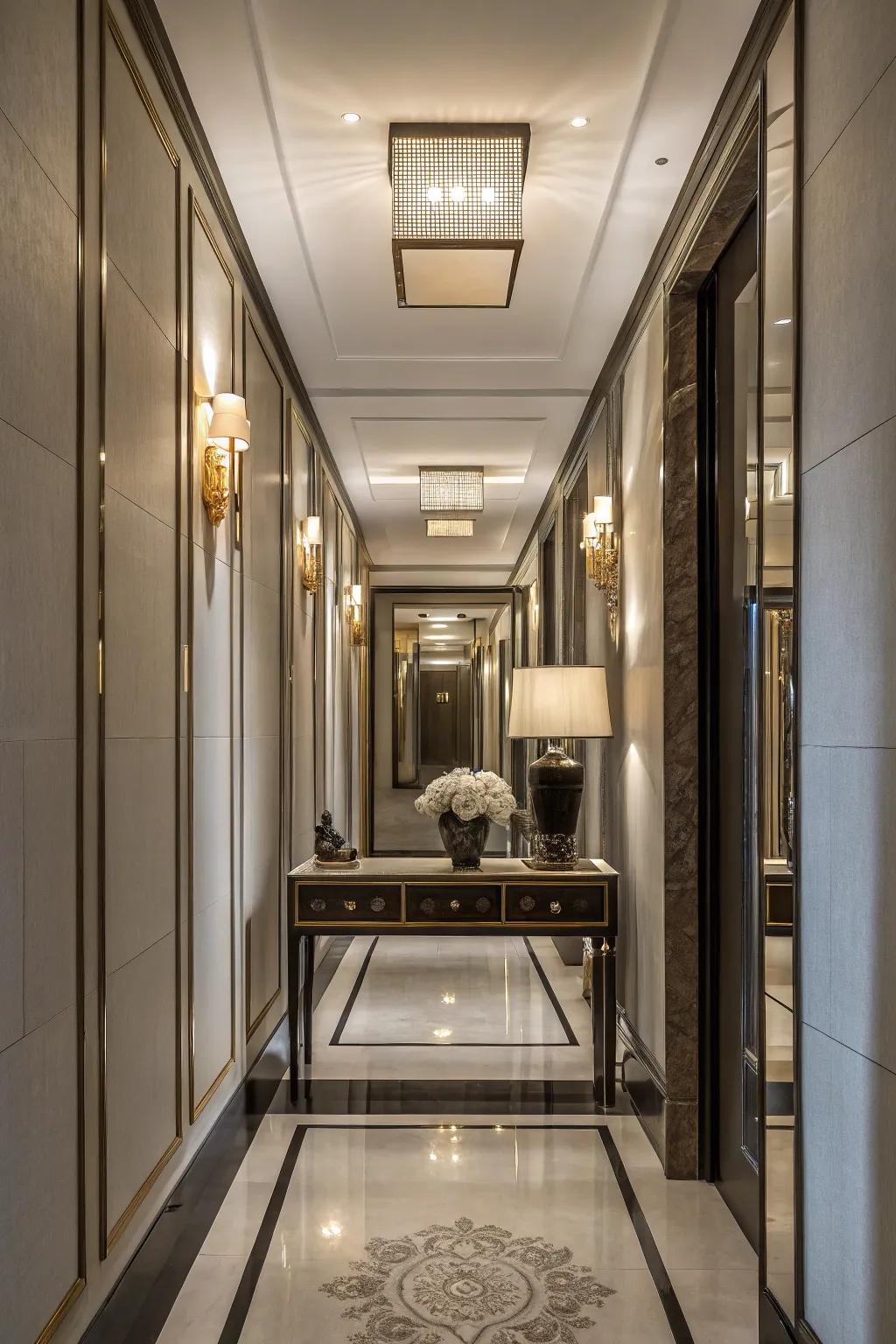 Mirrored walls amplify light and space.