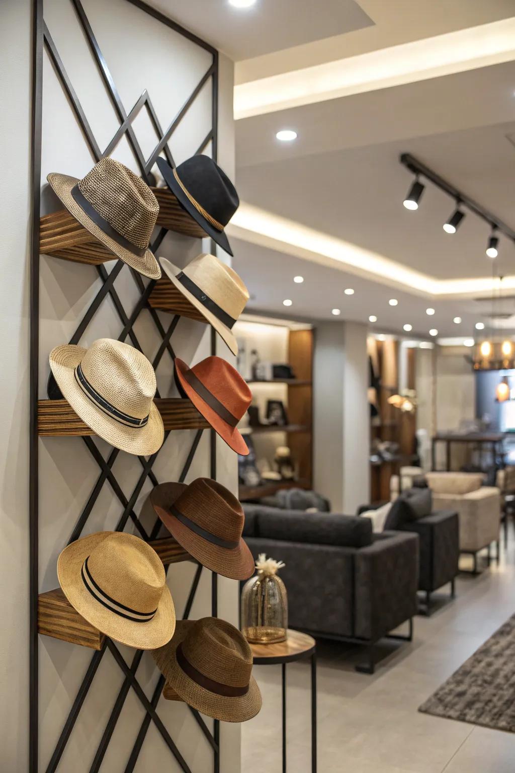 An ornamental zig-zag wall rack for hats