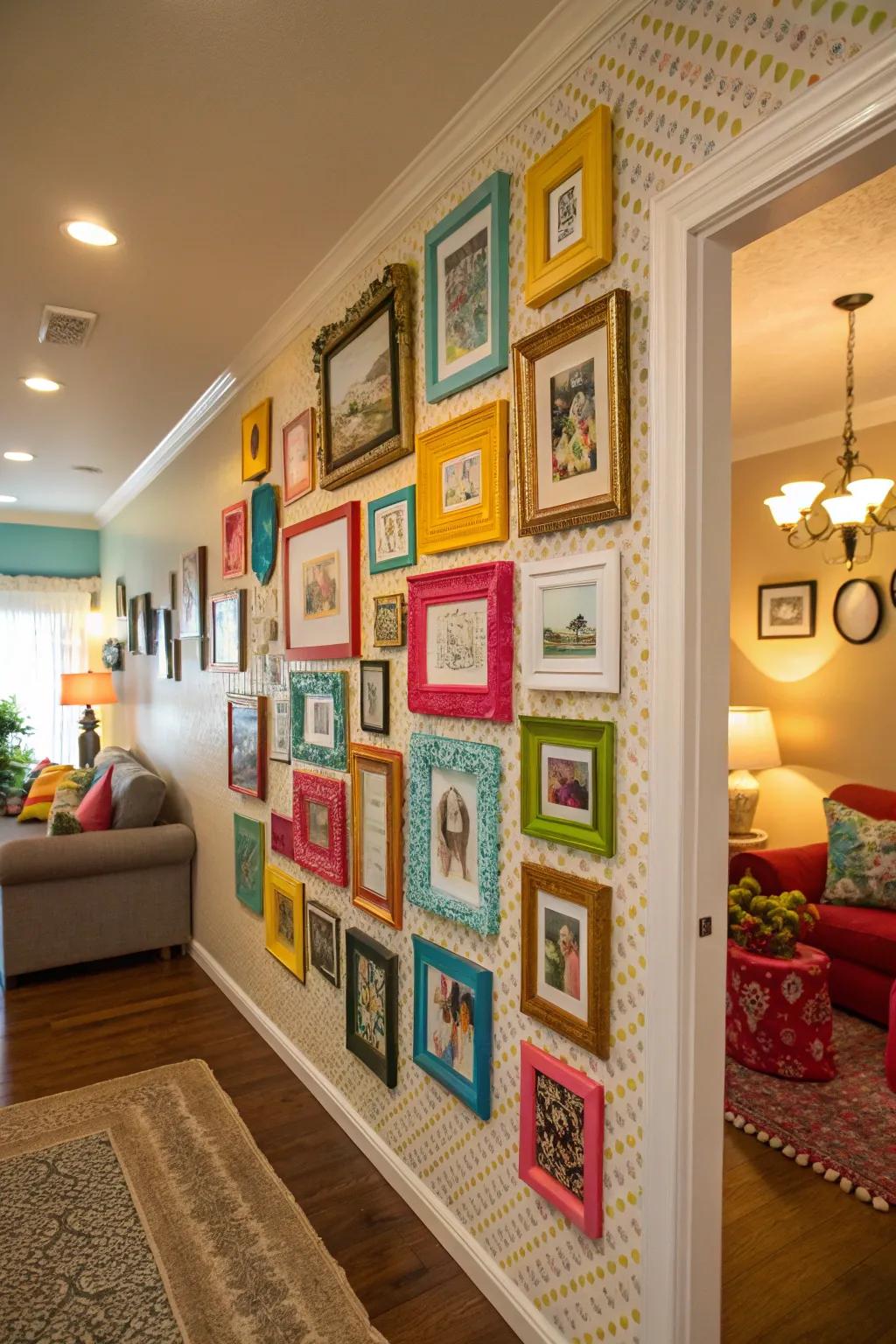 A vibrant and playful colorful collection wall of fame.