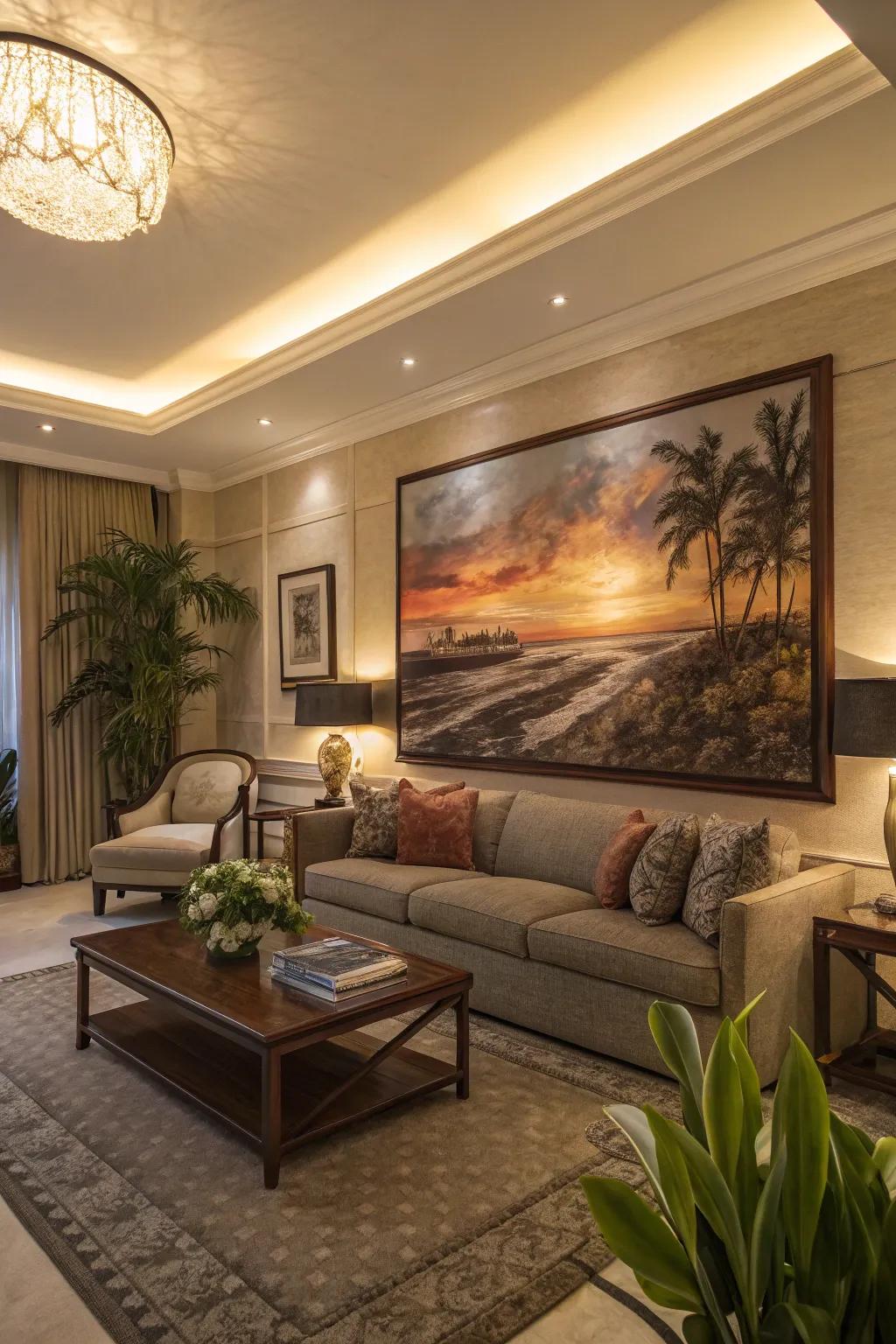 Any living room makes a strong statement with oversized art.