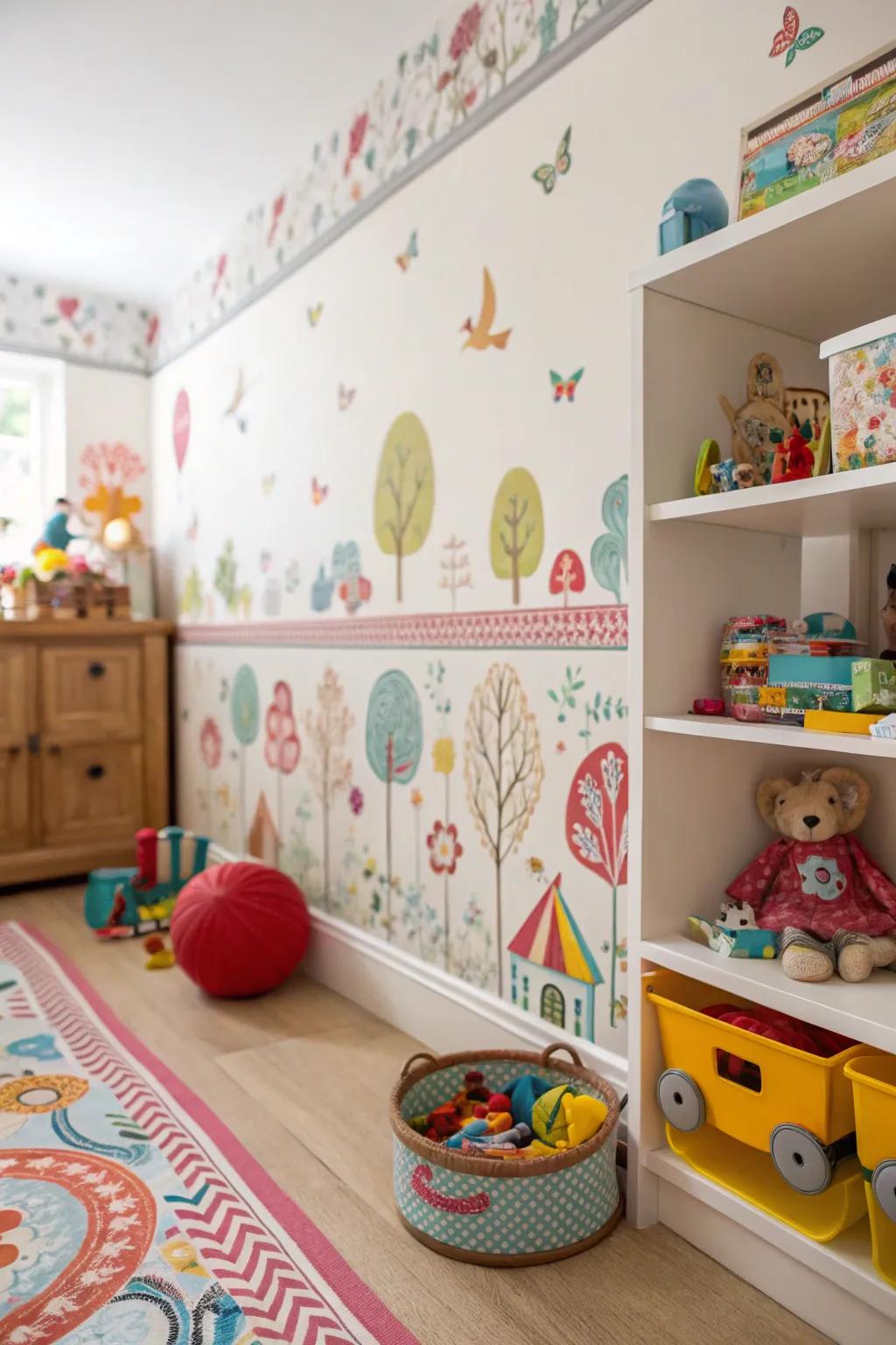 A children's room transformed into a whimsical wonderland with a wallpaper border.