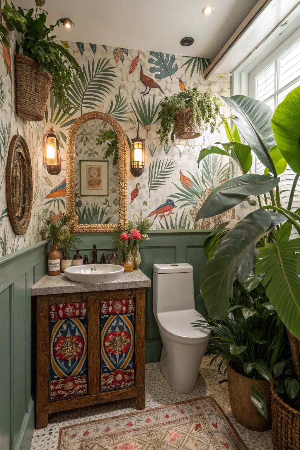 Island wallpaper turning a bathroom into a revitalizing escape.