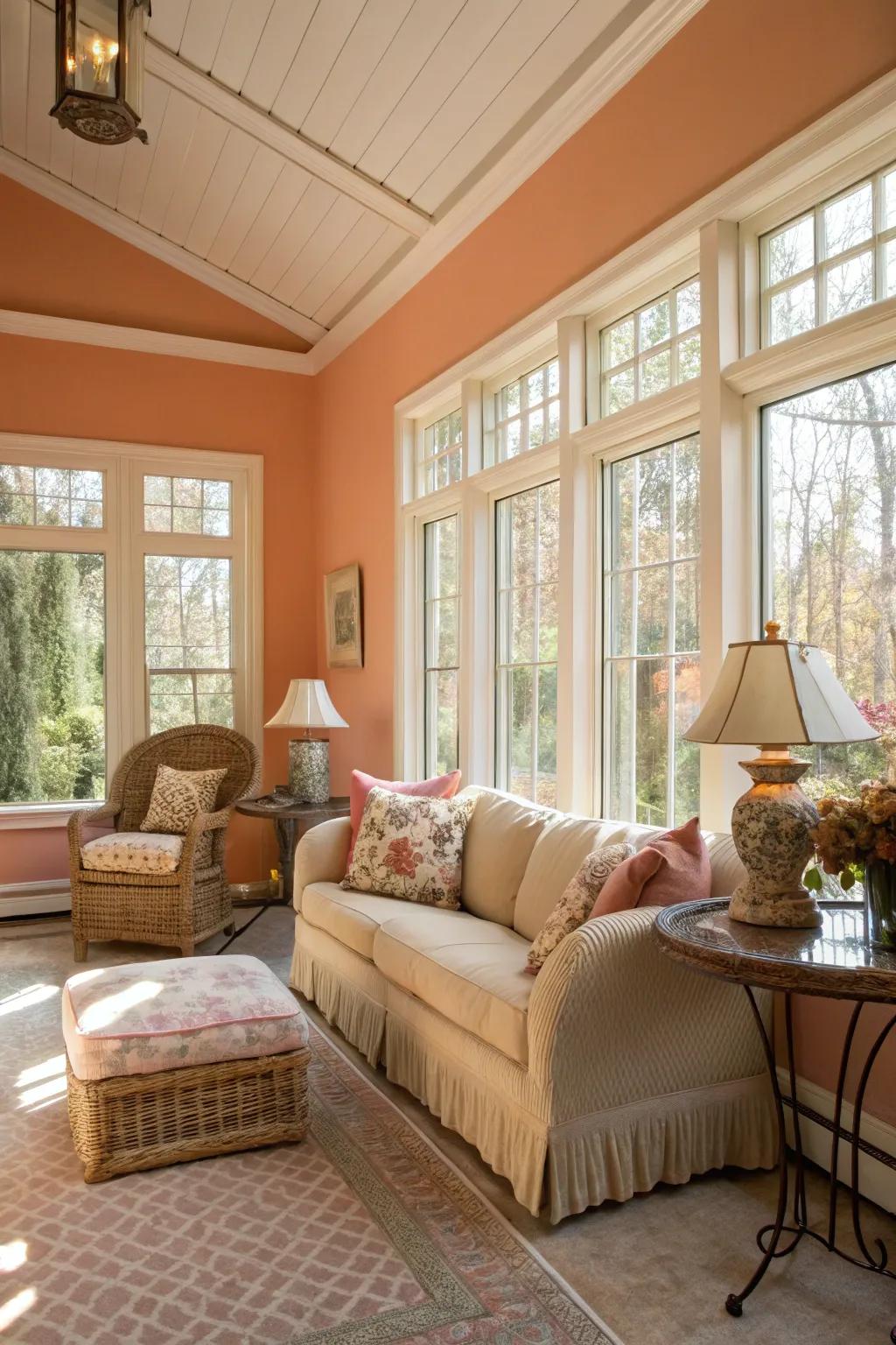 Sunroom with gentle apricot walls, delivering subtle warmth and comfort.
