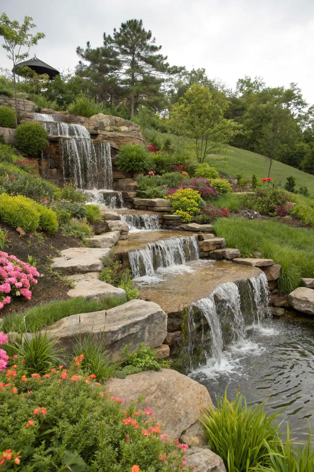 A water feature on an incline adds dynamic interest to your garden.