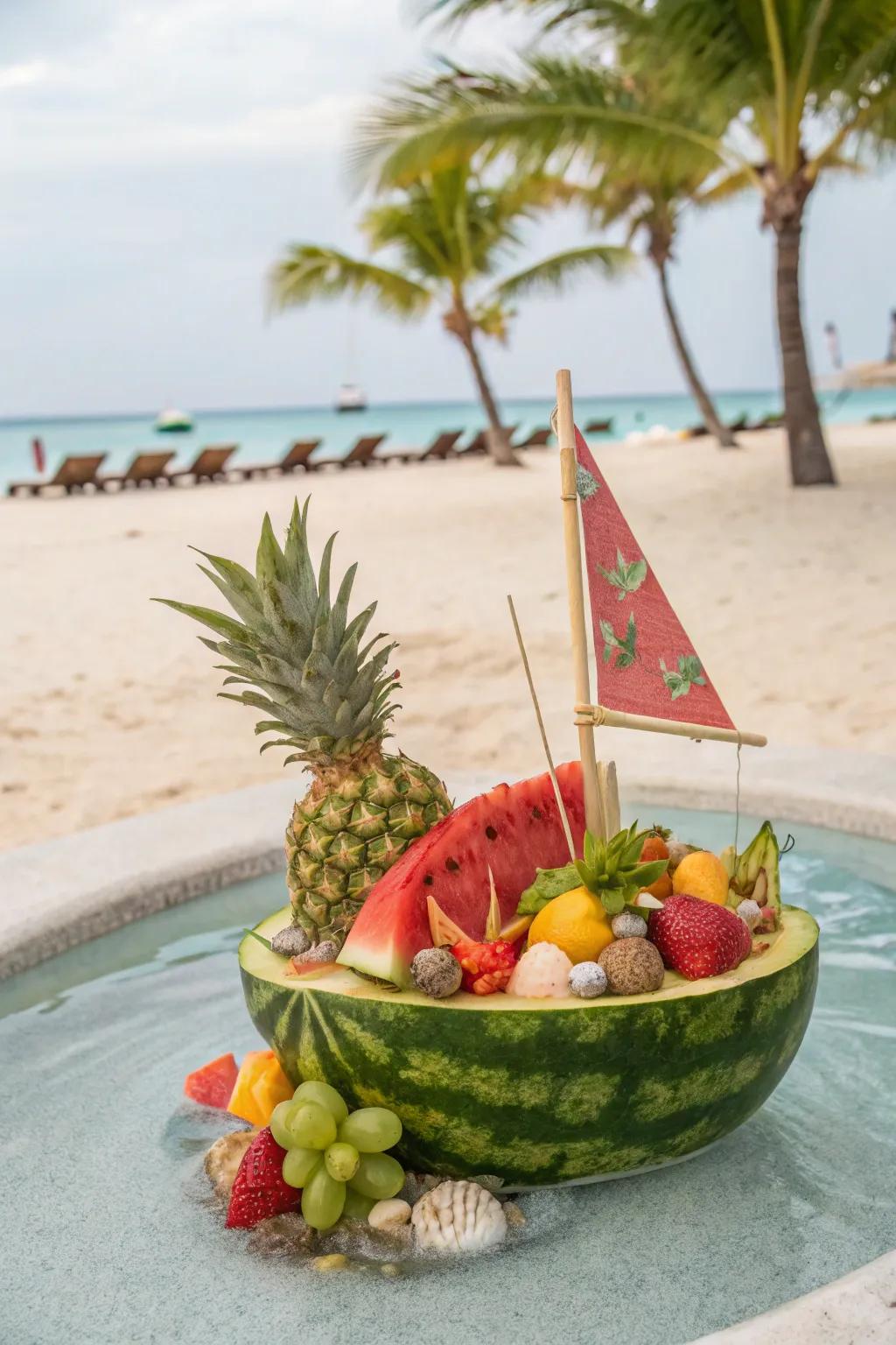 A seaside sailboat decorated using seashells and filled up with tropical fruits.