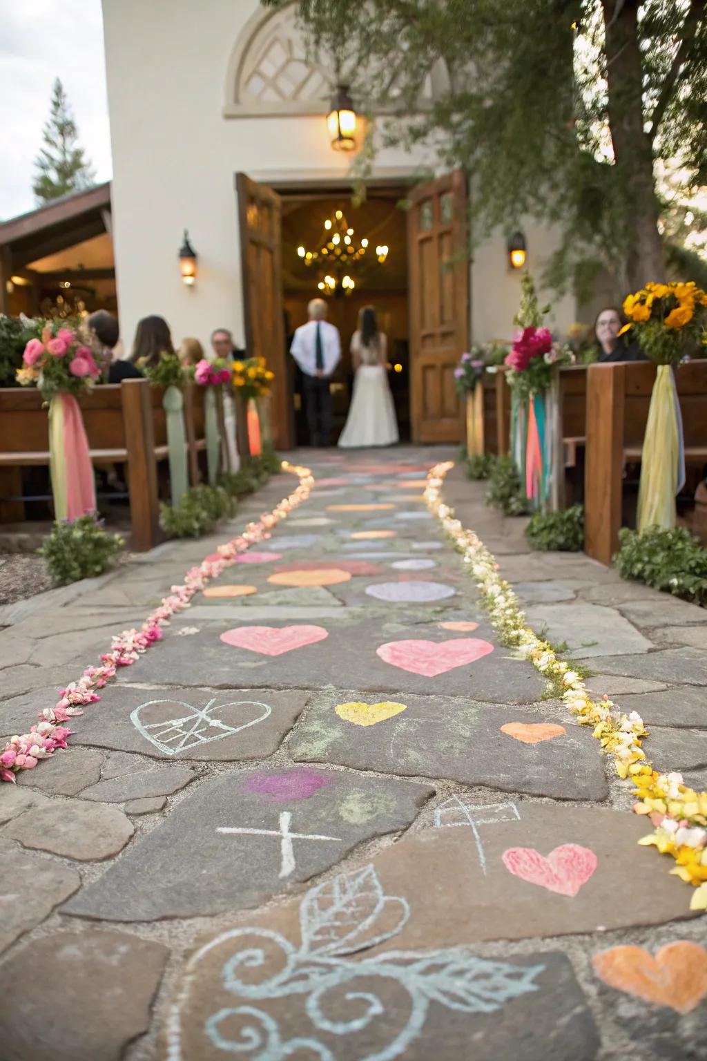 A whimsical aisle featuring vibrant chalk art for a playful touch.