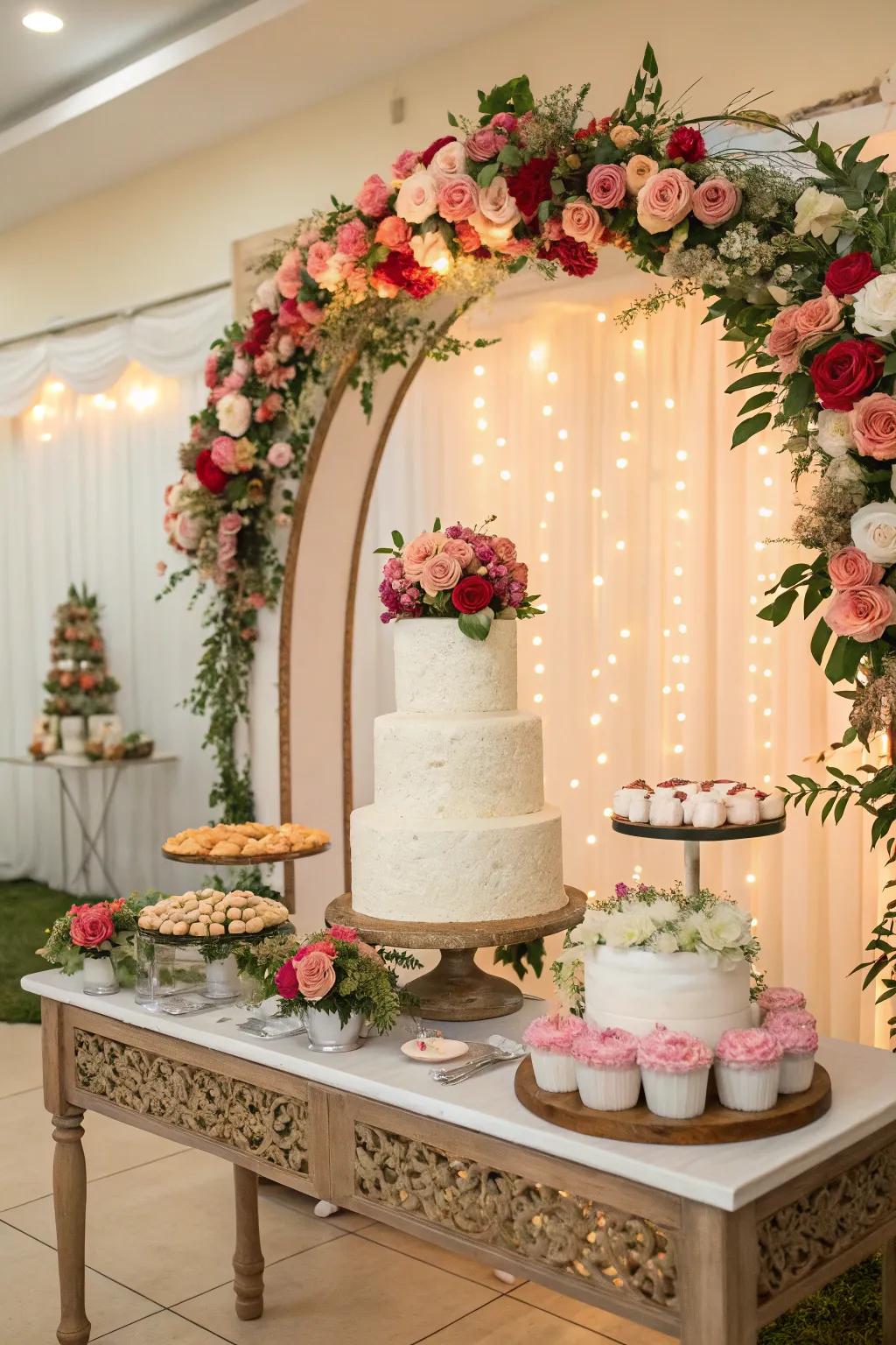 A themed stage beautifully framing the wedding cake display.