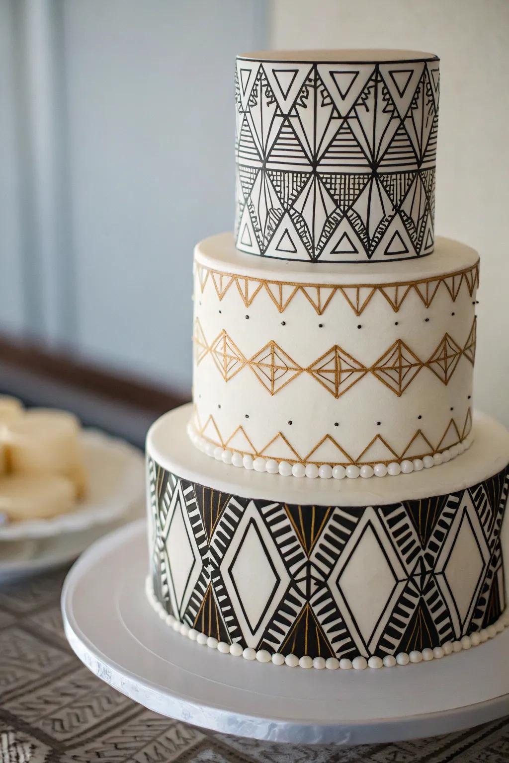 A wedding cake with symmetrical shapes for a contemporary twist.