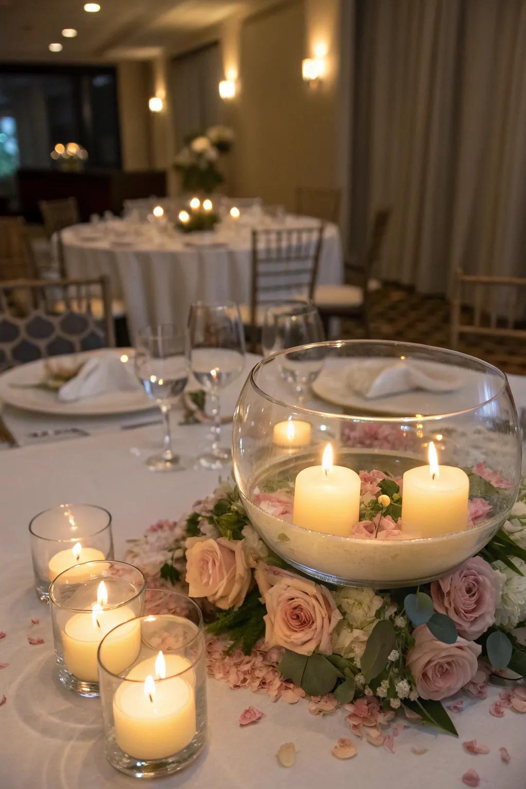 Floating candles add a serene and magical touch to the centerpiece.