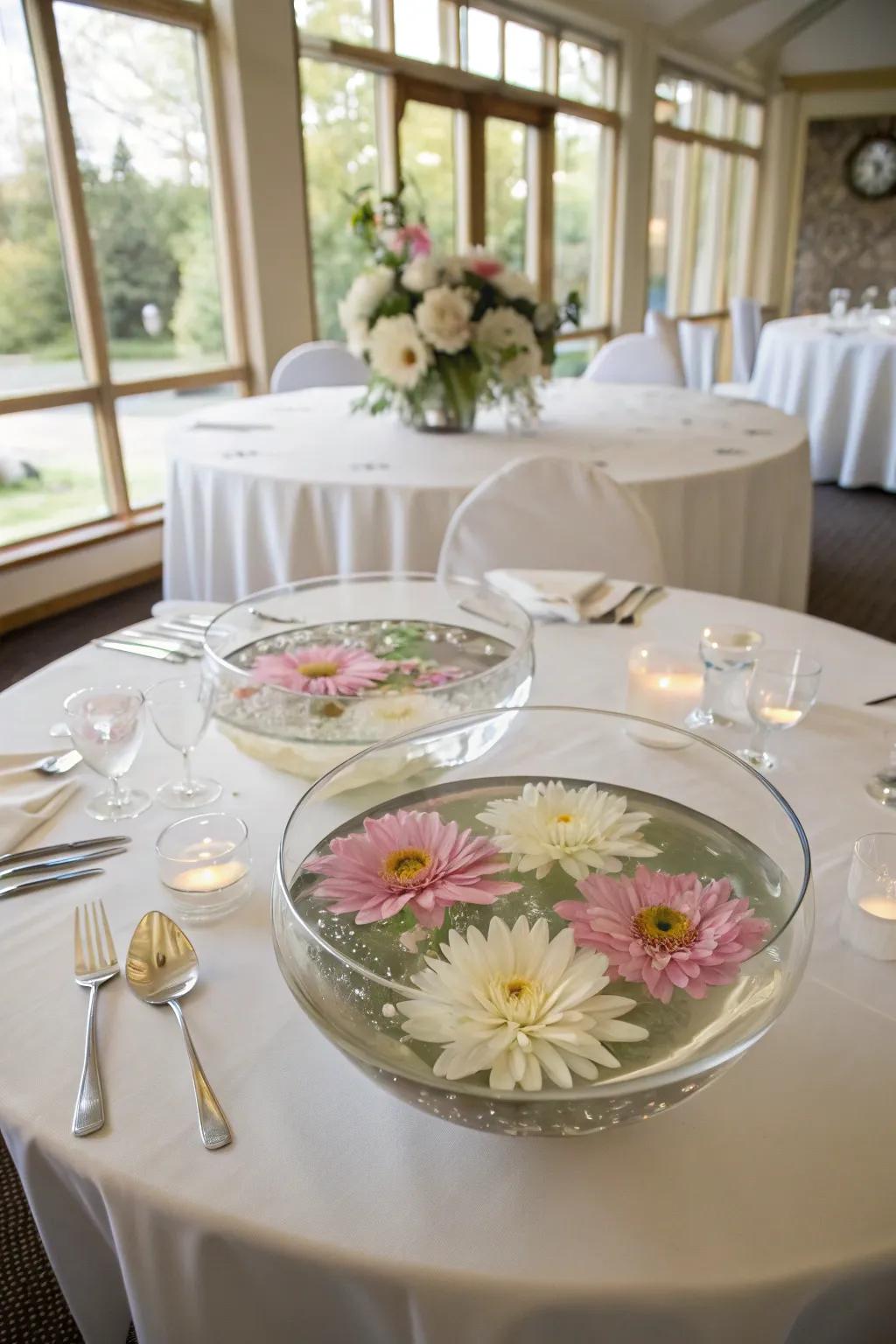 Drifting flowers create a peaceful, stylish centerpiece.